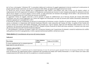 106
per la Casa e nel progetto “Lib(e)rarsi III”. Le procedure indette per la selezione di soggetti appartenenti al privato sociale per la realizzazione di
progetti specifici hanno valorizzato, nei criteri di valutazione delle offerte, gli apporti del soggetto del privato sociale.
Le attività dei tavoli di lavoro integrati per il raggiungimento degli obiettivi socio-sanitari sono state avviate per gli obiettivi relativi al
miglioramento dei livelli organizzativi ed operativi di integrazione sociosanitaria per la presa in carico integrata assicurando la continuità tra diversi
tipi di servizi sanitari e tra servizi sanitari e servizi sociali, in modo particolare nel momento del passaggio all’età adulta e alla promozione del
percorso di riqualificazione dei Centri Diurni per persone con disabilità.
E’ aggiornato l’elenco di soggetti, interventi e servizi operanti in regime di collaborazione con il Servizio Sociale dei Comuni dell’Ambito
Distrettuale; esso non è ancora aggiornato con l’elenco dei soggetti non istituzionali, con sede nel territorio dell’Ambito Distrettuale, beneficiari di
contributi regionali per le annualità 2012 e 2013.
Il Protocollo di Intesa per la definizione di percorsi di reinserimento ed inclusione sociale a beneficio di persone detenute, in esecuzione penale
esterna, ex-detenute o a disposizione dell’Autorità Giudiziaria Minorile è stato sottoscritto dal Comune di Udine, in qualità di Ente Gestore del
Servizio Sociale dei Comuni dell’Ambito Distrettuale, dall’Azienda per i Servizi Sanitari, dagli Enti del Ministero della Giustizia e da 14 tra
Cooperative ed Associazioni territoriali in data 03/07/2013. Rispetto al primo Protocollo di intesa sulle stesse tematiche, i contenuti sono stati estesi
alle persone all’attenzione dell’Autorità Giudiziaria Minorile.
E’ stato predisposto e realizzato tra giugno e luglio 2013 un percorso formativo per l’acquisizione di strumenti e metodi di mediazione dei conflitti
nella gestione di tavoli di coprogettazione, rivolto a operatori professionali pubblici e del privato sociale.
Titolo obiettivo 2: Consolidamento del governo del sistema integrato
Indicatori:
Descrizione
Valore obiettivo
(target)
Valore al 31/12/2013
N. bozze regolamenti per la compartecipazione
degli utenti al costo dei Servizi
2 0
Attività svolta nel 2013:
Attualmente, è in vigore un regolamento per la compartecipazione al costo dei servizi per quanto riguarda il Servizio di Assistenza Domiciliare. E’ stato
posto all’attenzione dei rappresentanti politici componenti dell’Assemblea dei Sindaci dell’Ambito Distrettuale n. 4.5 dell’Udinese uno studio sulla
compartecipazione dell’utenza alle rette di accoglienza in comunità assistenziali.
 