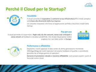 Perché il Cloud per le Startup?
Flessibilità
Il cloud consente di espandere o contrarre la tua infrastruttura IT in modo semplice
ed in base alla dinamicità della tua impresa.
Un concetto innovativo che trova un'applicazione perfetta al business model della
startup.

Pay-per-use
Il cloud permette di risparmiare. Paghi solo ciò che consumi, senza costi anticipati e
senza vincoli ad hardware o location predefinite. Con Aruba Cloud potrai inoltre
scegliere tra i vari data center in Europa.

Performance e affidabilità
Ospitiamo i nostri apparati in data center di ultima generazione monitorati
24hx7ggx365gg dai nostri operatori ed usiamo hardware di qualità e connettività
garantita da un’ampia gamma di operatori.
Garanzie di prestazioni elevate e massima affidabilità: sono proprio questi i punti di
forza del nostro cloud.

Scopri il programma Aruba Cloud Startup
3

 