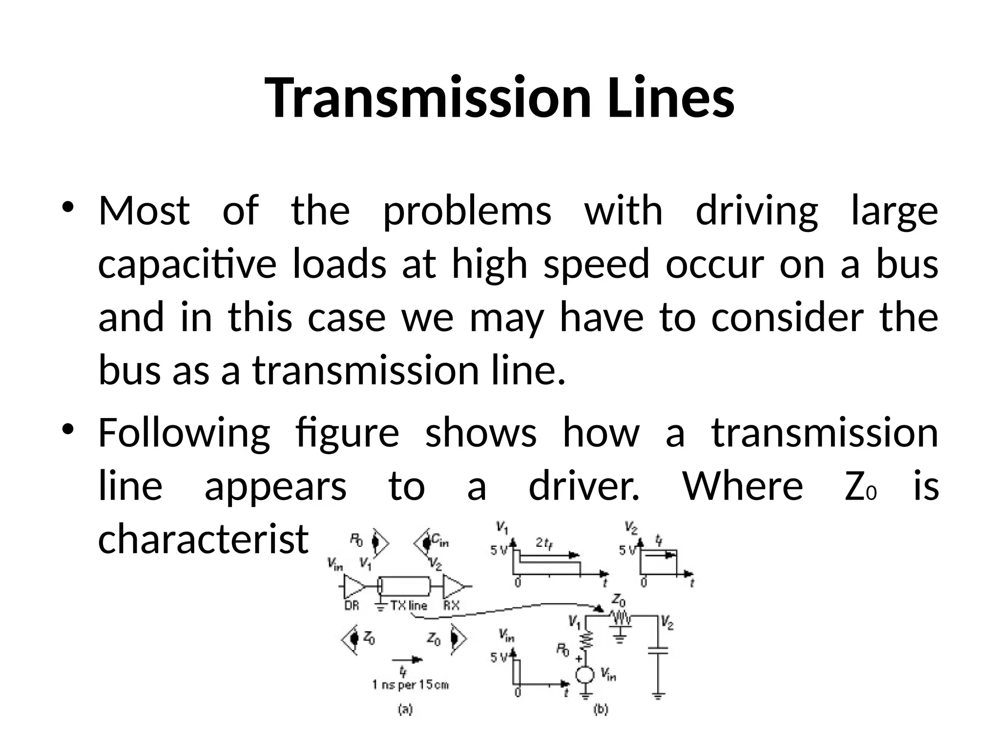 Transmission Lines
• Most of the problems with driving large
capacitive loads at high speed occur on a bus
and in this case we may have to consider the
bus as a transmission line.
• Following figure shows how a transmission
line appears to a driver. Where Z0 is
characteristic impedance.
 