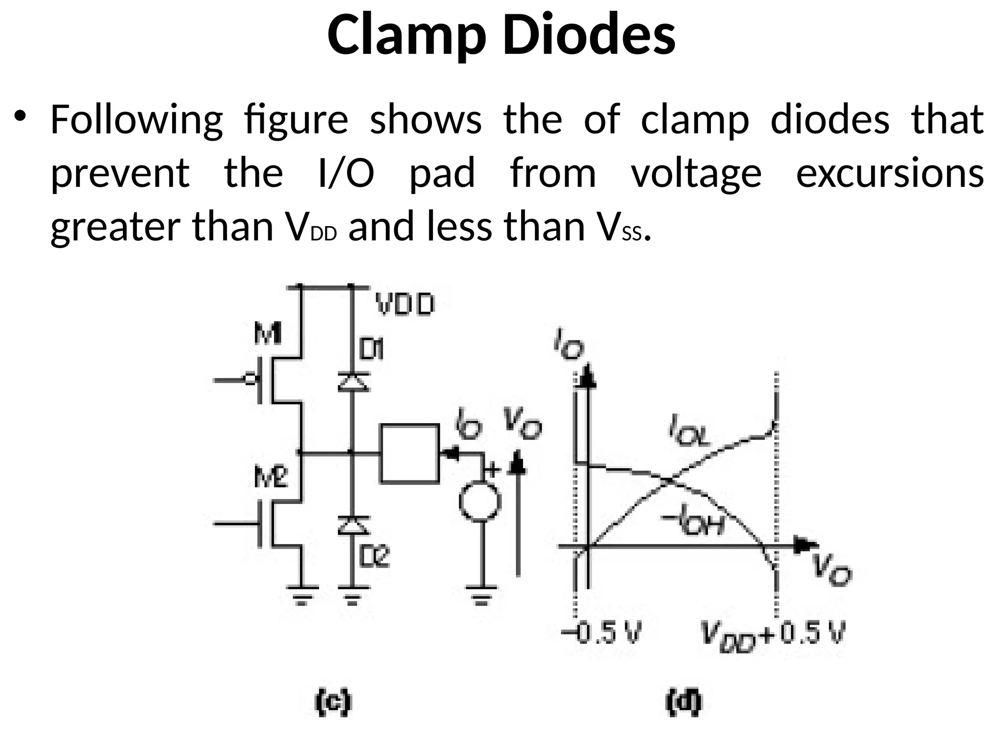 Clamp Diodes
• Following figure shows the of clamp diodes that
prevent the I/O pad from voltage excursions
greater than VDD and less than VSS.
 