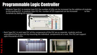 Programmable Logic Controller
• Modular Type PLC: In modular type PLC the number of I/Os can be increased by the addition of modules
to the existing PLC. In modular type PLC the number of I/O supported can be increased to few
hundreds by adding I/O modules.
• Rack Type PLC: In rack type PLC all the components of the PLC are as separate modules and are
assembled to form one unit by mounting the individual components on a rack. This PLC can support
upto thousands of I/Os.
Prof.
P.
R.
Doke
 