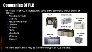 Companies OF PLC
•There are lot of PLC manufacturers, some of the commonly known brands of
PLC are,
•Allen Bradley(AB)
•Siemens
•ASEA Brown Boveri
•Omoron
•GE Fanuc
•DELTA
•Mitsubishi
•Messung
•Keyence
•In all the brands there may be the different types of PLCs available.
Prof.
P.
R.
Doke
 
