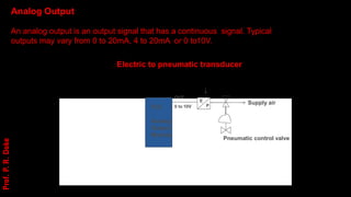 OUT
Analog Output
An analog output is an output signal that has a continuous signal. Typical
outputs may vary from 0 to 20mA, 4 to 20mA or 0 to10V.
Electric to pneumatic transducer
PLC
Analog
Output
Module
E
P
Pneumatic control valve
Supply air
0 to 10V
Prof.
P.
R.
Doke
 