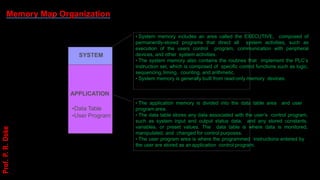 Memory Map Organization
SYSTEM
• System memory includes an area called the EXECUTIVE, composed of
permanently-stored programs that direct all system activities, such as
execution of the users control program, communication with peripheral
devices, and other system activities.
• The system memory also contains the routines that implement the PLC’s
instruction set, which is composed of specific control functions such as logic,
sequencing,timing, counting, and arithmetic.
• System memory is generally built from read-only memory devices.
APPLICATION
• The application memory is divided into the data table area and user
program area.
• The data table stores any data associated with the user’s control program,
such as system input and output status data, and any stored constants,
variables, or preset values. The data table is where data is monitored,
manipulated, and changed for control purposes.
• The user program area is where the programmed instructions entered by
the user are stored as an application control program.
•Data Table
•User Program
Prof.
P.
R.
Doke
 