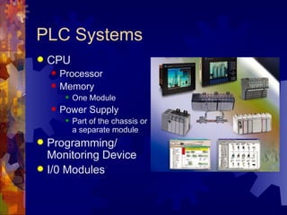 PLC Systems
   CPU
       Processor
       Memory
            One Module
       Power Supply
            Part of the chassis or
             a separate module
 Programming/
  Monitoring Device
 I/0 Modules
 