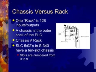 Chassis Versus Rack
 One “Rack” is 128
  inputs/outputs
 A chassis is the outer
  shell of the PLC
 Chassis ≠ Rack
 SLC 5/02’s in S-340
  have a ten-slot chassis
       Slots are numbered from
        0 to 9
 