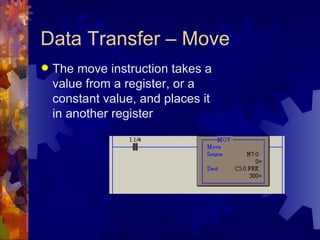 Data Transfer – Move
   The move instruction takes a
    value from a register, or a
    constant value, and places it
    in another register
 