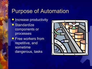 Purpose of Automation
 Increase productivity
 Standardize
  components or
  processes
 Free workers from
  repetitive, and
  sometime
  dangerous, tasks
 
