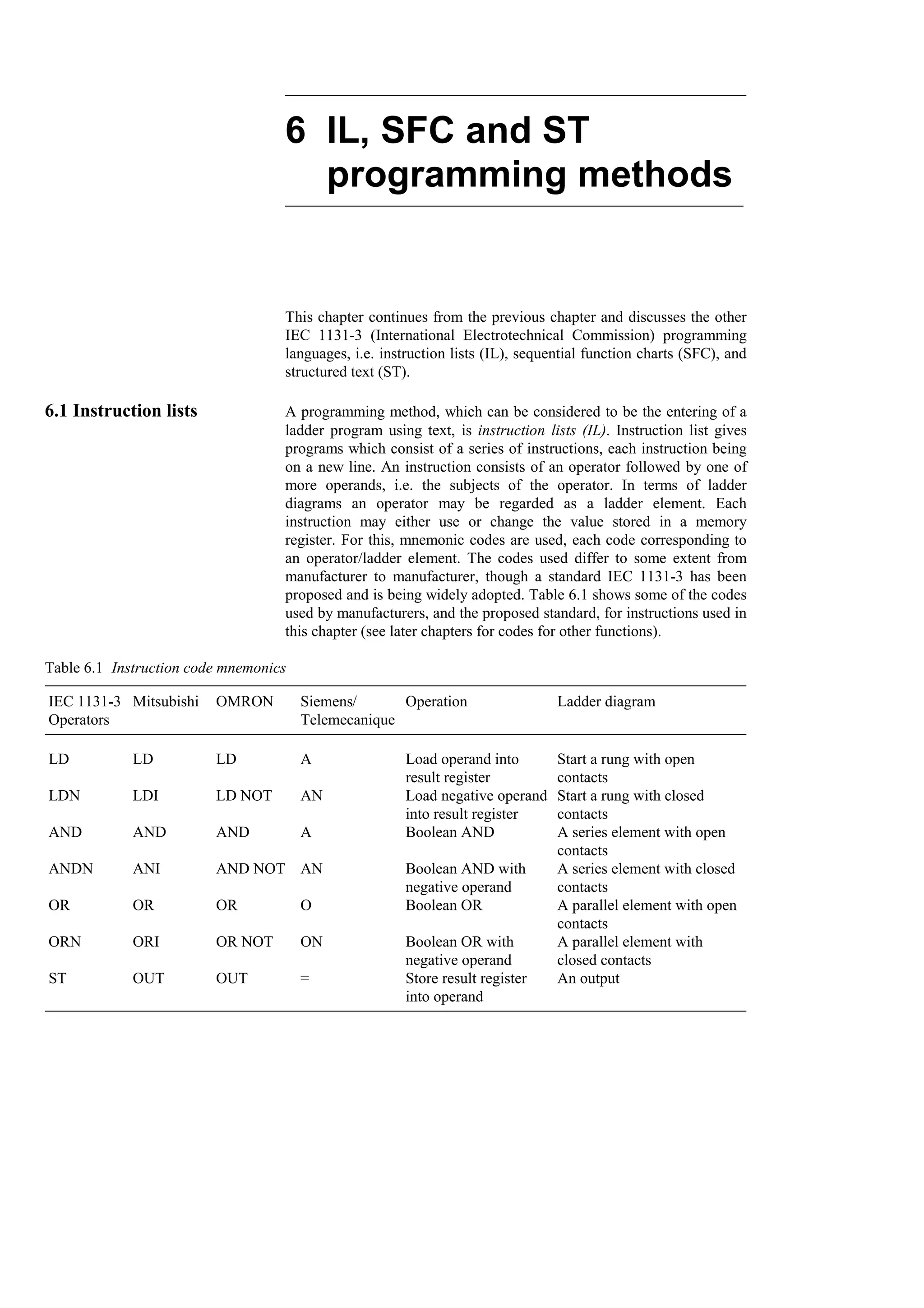 6 IL, SFC and ST
programming methods
This chapter continues from the previous chapter and discusses the other
IEC 1131-3 (International Electrotechnical Commission) programming
languages, i.e. instruction lists (IL), sequential function charts (SFC), and
structured text (ST).
6.1 Instruction lists A programming method, which can be considered to be the entering of a
ladder program using text, is instruction lists (IL). Instruction list gives
programs which consist of a series of instructions, each instruction being
on a new line. An instruction consists of an operator followed by one of
more operands, i.e. the subjects of the operator. In terms of ladder
diagrams an operator may be regarded as a ladder element. Each
instruction may either use or change the value stored in a memory
register. For this, mnemonic codes are used, each code corresponding to
an operator/ladder element. The codes used differ to some extent from
manufacturer to manufacturer, though a standard IEC 1131-3 has been
proposed and is being widely adopted. Table 6.1 shows some of the codes
used by manufacturers, and the proposed standard, for instructions used in
this chapter (see later chapters for codes for other functions).
Table 6.1 Instruction code mnemonics
An output
Store result register
into operand
=
OUT
OUT
ST
A parallel element with
closed contacts
Boolean OR with
negative operand
ON
OR NOT
ORI
ORN
A parallel element with open
contacts
Boolean OR
O
OR
OR
OR
A series element with closed
contacts
Boolean AND with
negative operand
AN
AND NOT
ANI
ANDN
A series element with open
contacts
Boolean AND
A
AND
AND
AND
Start a rung with closed
contacts
Load negative operand
into result register
AN
LD NOT
LDI
LDN
Start a rung with open
contacts
Load operand into
result register
A
LD
LD
LD
Ladder diagram
Operation
Siemens/
Telemecanique
OMRON
Mitsubishi
IEC 1131-3
Operators
 