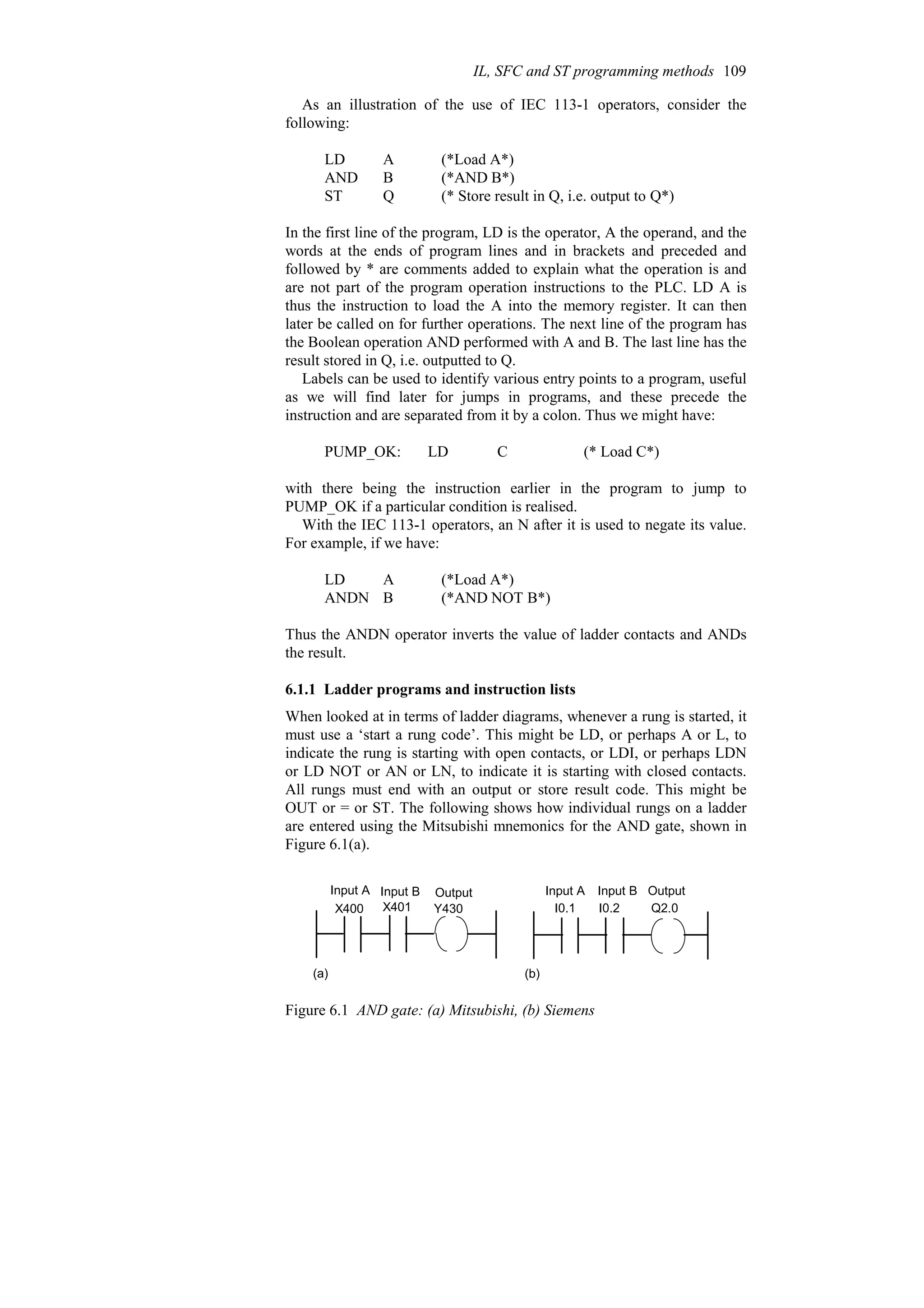 As an illustration of the use of IEC 113-1 operators, consider the
following:
(* Store result in Q, i.e. output to Q*)
Q
ST
(*AND B*)
B
AND
(*Load A*)
A
LD
In the first line of the program, LD is the operator, A the operand, and the
words at the ends of program lines and in brackets and preceded and
followed by * are comments added to explain what the operation is and
are not part of the program operation instructions to the PLC. LD A is
thus the instruction to load the A into the memory register. It can then
later be called on for further operations. The next line of the program has
the Boolean operation AND performed with A and B. The last line has the
result stored in Q, i.e. outputted to Q.
Labels can be used to identify various entry points to a program, useful
as we will find later for jumps in programs, and these precede the
instruction and are separated from it by a colon. Thus we might have:
(* Load C*)
C
LD
PUMP_OK:
with there being the instruction earlier in the program to jump to
PUMP_OK if a particular condition is realised.
With the IEC 113-1 operators, an N after it is used to negate its value.
For example, if we have:
(*AND NOT B*)
B
ANDN
(*Load A*)
A
LD
Thus the ANDN operator inverts the value of ladder contacts and ANDs
the result.
6.1.1 Ladder programs and instruction lists
When looked at in terms of ladder diagrams, whenever a rung is started, it
must use a ‘start a rung code’. This might be LD, or perhaps A or L, to
indicate the rung is starting with open contacts, or LDI, or perhaps LDN
or LD NOT or AN or LN, to indicate it is starting with closed contacts.
All rungs must end with an output or store result code. This might be
OUT or = or ST. The following shows how individual rungs on a ladder
are entered using the Mitsubishi mnemonics for the AND gate, shown in
Figure 6.1(a).
X400 X401 Y430
Input A Input B Output
(a) (b)
I0.1 I0.2 Q2.0
Input A Input B Output
Figure 6.1 AND gate: (a) Mitsubishi, (b) Siemens
IL, SFC and ST programming methods 109
 