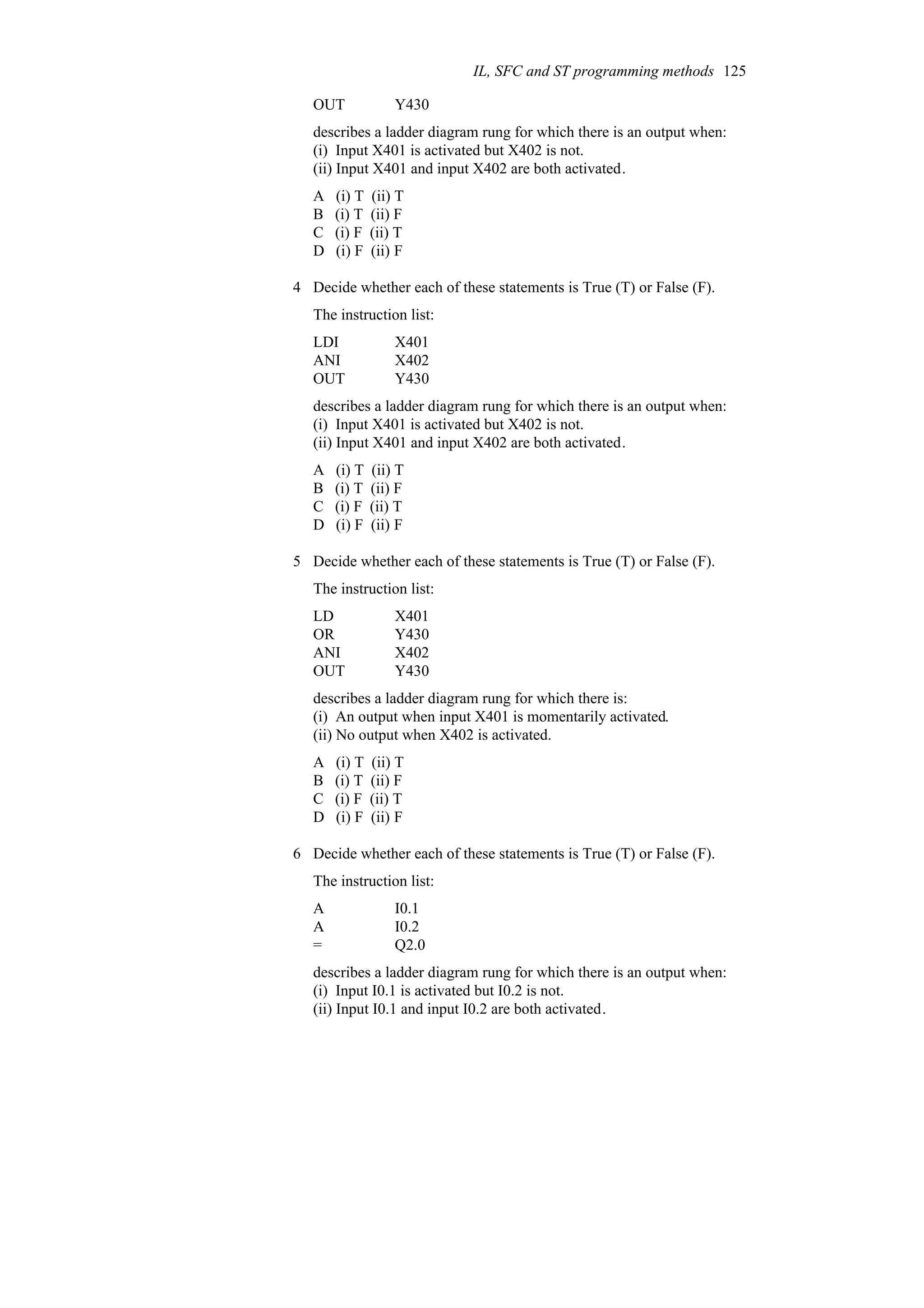 Y430
OUT
describes a ladder diagram rung for which there is an output when:
(i) Input X401 is activated but X402 is not.
(ii) Input X401 and input X402 are both activated.
A (i) T (ii) T
B (i) T (ii) F
C (i) F (ii) T
D (i) F (ii) F
4 Decide whether each of these statements is True (T) or False (F).
The instruction list:
Y430
OUT
X402
ANI
X401
LDI
describes a ladder diagram rung for which there is an output when:
(i) Input X401 is activated but X402 is not.
(ii) Input X401 and input X402 are both activated.
A (i) T (ii) T
B (i) T (ii) F
C (i) F (ii) T
D (i) F (ii) F
5 Decide whether each of these statements is True (T) or False (F).
The instruction list:
Y430
OUT
X402
ANI
Y430
OR
X401
LD
describes a ladder diagram rung for which there is:
(i) An output when input X401 is momentarily activated.
(ii) No output when X402 is activated.
A (i) T (ii) T
B (i) T (ii) F
C (i) F (ii) T
D (i) F (ii) F
6 Decide whether each of these statements is True (T) or False (F).
The instruction list:
Q2.0
=
I0.2
A
I0.1
A
describes a ladder diagram rung for which there is an output when:
(i) Input I0.1 is activated but I0.2 is not.
(ii) Input I0.1 and input I0.2 are both activated.
IL, SFC and ST programming methods 125
 