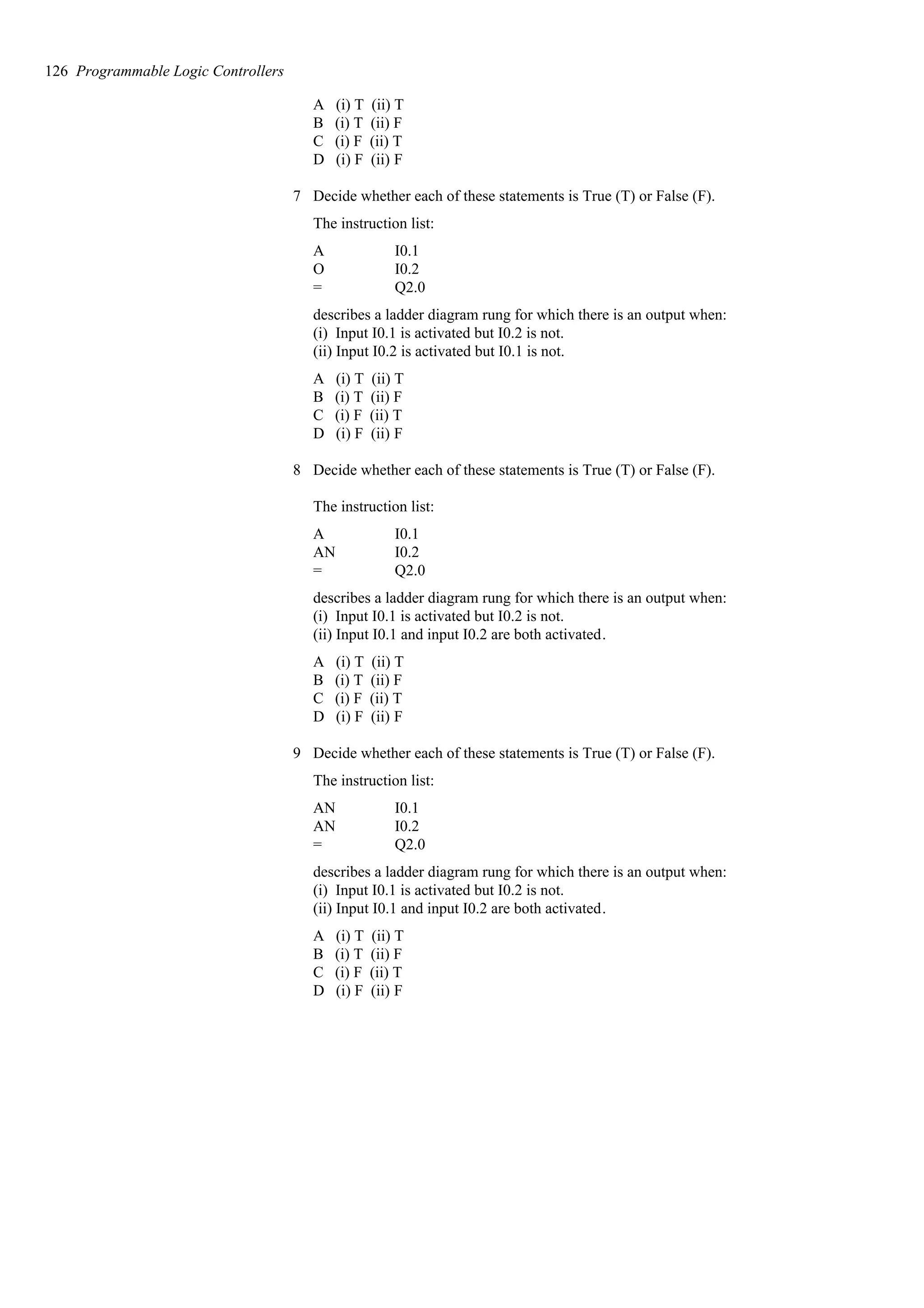 A (i) T (ii) T
B (i) T (ii) F
C (i) F (ii) T
D (i) F (ii) F
7 Decide whether each of these statements is True (T) or False (F).
The instruction list:
Q2.0
=
I0.2
O
I0.1
A
describes a ladder diagram rung for which there is an output when:
(i) Input I0.1 is activated but I0.2 is not.
(ii) Input I0.2 is activated but I0.1 is not.
A (i) T (ii) T
B (i) T (ii) F
C (i) F (ii) T
D (i) F (ii) F
8 Decide whether each of these statements is True (T) or False (F).
The instruction list:
Q2.0
=
I0.2
AN
I0.1
A
describes a ladder diagram rung for which there is an output when:
(i) Input I0.1 is activated but I0.2 is not.
(ii) Input I0.1 and input I0.2 are both activated.
A (i) T (ii) T
B (i) T (ii) F
C (i) F (ii) T
D (i) F (ii) F
9 Decide whether each of these statements is True (T) or False (F).
The instruction list:
Q2.0
=
I0.2
AN
I0.1
AN
describes a ladder diagram rung for which there is an output when:
(i) Input I0.1 is activated but I0.2 is not.
(ii) Input I0.1 and input I0.2 are both activated.
A (i) T (ii) T
B (i) T (ii) F
C (i) F (ii) T
D (i) F (ii) F
126 Programmable Logic Controllers
 