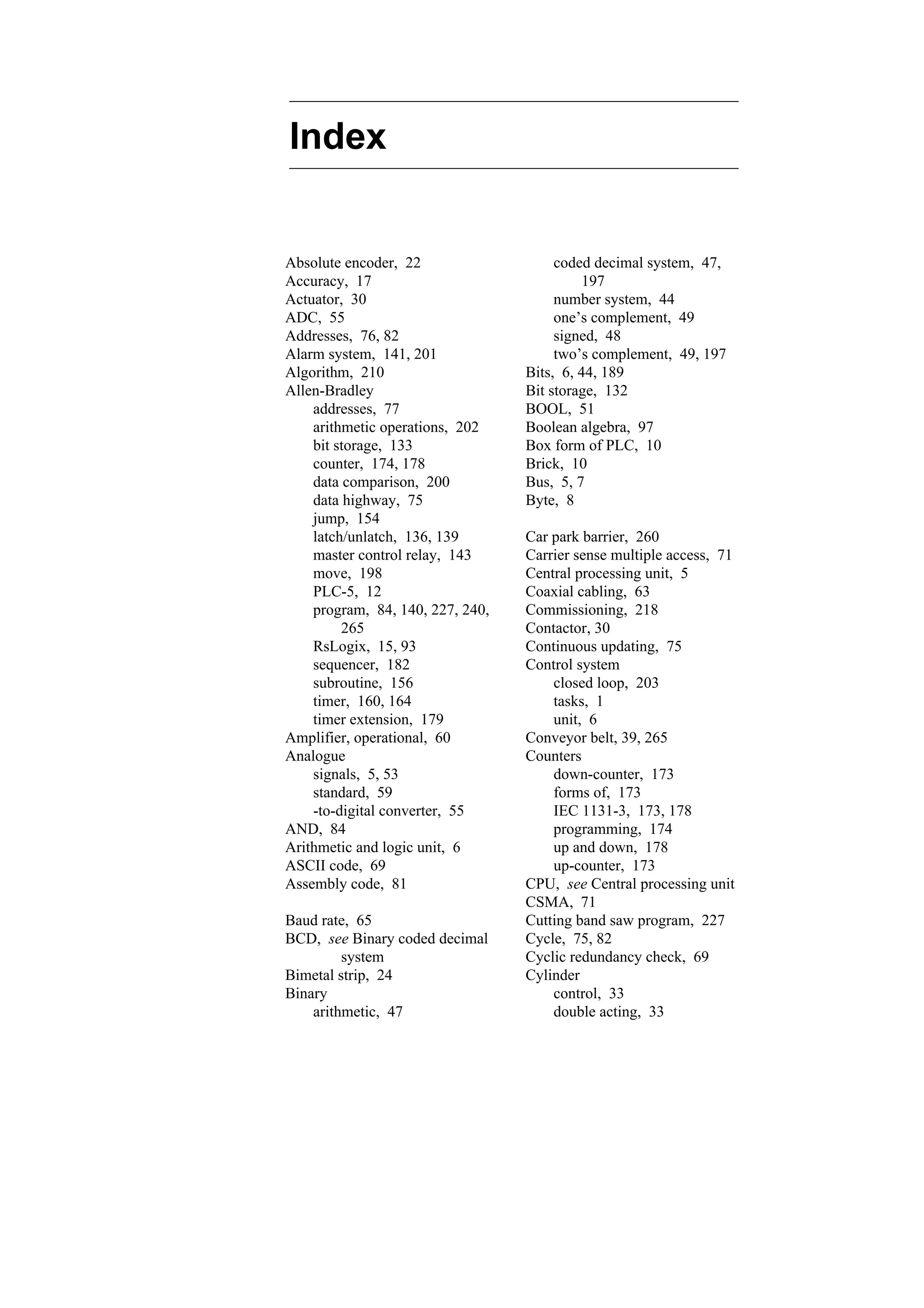 Absolute encoder, 22
Accuracy, 17
Actuator, 30
ADC, 55
Addresses, 76, 82
Alarm system, 141, 201
Algorithm, 210
Allen-Bradley
addresses, 77
arithmetic operations, 202
bit storage, 133
counter, 174, 178
data comparison, 200
data highway, 75
jump, 154
latch/unlatch, 136, 139
master control relay, 143
move, 198
PLC-5, 12
program, 84, 140, 227, 240,
265
RsLogix, 15, 93
sequencer, 182
subroutine, 156
timer, 160, 164
timer extension, 179
Amplifier, operational, 60
Analogue
signals, 5, 53
standard, 59
-to-digital converter, 55
AND, 84
Arithmetic and logic unit, 6
ASCII code, 69
Assembly code, 81
Baud rate, 65
BCD, see Binary coded decimal
system
Bimetal strip, 24
Binary
arithmetic, 47
coded decimal system, 47,
197
number system, 44
one’s complement, 49
signed, 48
two’s complement, 49, 197
Bits, 6, 44, 189
Bit storage, 132
BOOL, 51
Boolean algebra, 97
Box form of PLC, 10
Brick, 10
Bus, 5, 7
Byte, 8
Car park barrier, 260
Carrier sense multiple access, 71
Central processing unit, 5
Coaxial cabling, 63
Commissioning, 218
Contactor, 30
Continuous updating, 75
Control system
closed loop, 203
tasks, 1
unit, 6
Conveyor belt, 39, 265
Counters
down-counter, 173
forms of, 173
IEC 1131-3, 173, 178
programming, 174
up and down, 178
up-counter, 173
CPU, see Central processing unit
CSMA, 71
Cutting band saw program, 227
Cycle, 75, 82
Cyclic redundancy check, 69
Cylinder
control, 33
double acting, 33
Index
 