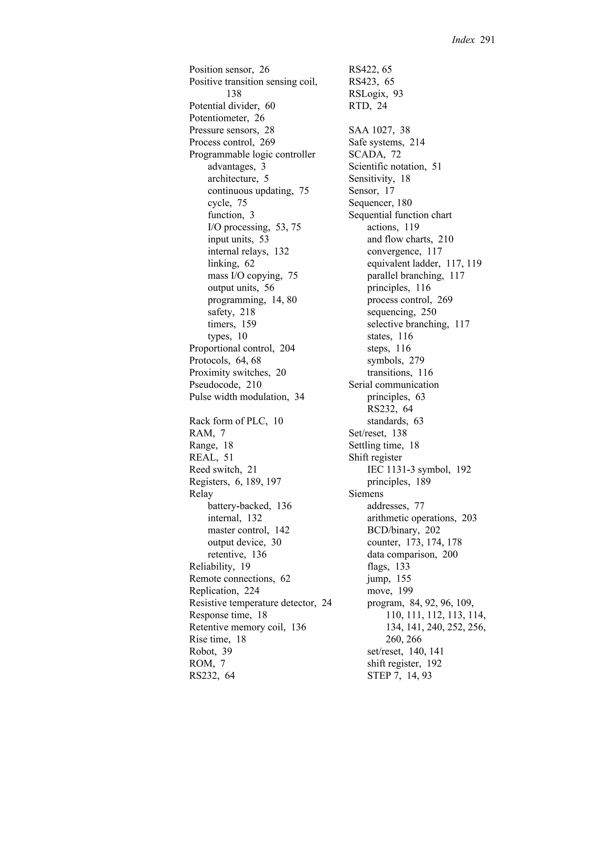 Position sensor, 26
Positive transition sensing coil,
138
Potential divider, 60
Potentiometer, 26
Pressure sensors, 28
Process control, 269
Programmable logic controller
advantages, 3
architecture, 5
continuous updating, 75
cycle, 75
function, 3
I/O processing, 53, 75
input units, 53
internal relays, 132
linking, 62
mass I/O copying, 75
output units, 56
programming, 14, 80
safety, 218
timers, 159
types, 10
Proportional control, 204
Protocols, 64, 68
Proximity switches, 20
Pseudocode, 210
Pulse width modulation, 34
Rack form of PLC, 10
RAM, 7
Range, 18
REAL, 51
Reed switch, 21
Registers, 6, 189, 197
Relay
battery-backed, 136
internal, 132
master control, 142
output device, 30
retentive, 136
Reliability, 19
Remote connections, 62
Replication, 224
Resistive temperature detector, 24
Response time, 18
Retentive memory coil, 136
Rise time, 18
Robot, 39
ROM, 7
RS232, 64
RS422, 65
RS423, 65
RSLogix, 93
RTD, 24
SAA 1027, 38
Safe systems, 214
SCADA, 72
Scientific notation, 51
Sensitivity, 18
Sensor, 17
Sequencer, 180
Sequential function chart
actions, 119
and flow charts, 210
convergence, 117
equivalent ladder, 117, 119
parallel branching, 117
principles, 116
process control, 269
sequencing, 250
selective branching, 117
states, 116
steps, 116
symbols, 279
transitions, 116
Serial communication
principles, 63
RS232, 64
standards, 63
Set/reset, 138
Settling time, 18
Shift register
IEC 1131-3 symbol, 192
principles, 189
Siemens
addresses, 77
arithmetic operations, 203
BCD/binary, 202
counter, 173, 174, 178
data comparison, 200
flags, 133
jump, 155
move, 199
program, 84, 92, 96, 109,
110, 111, 112, 113, 114,
134, 141, 240, 252, 256,
260, 266
set/reset, 140, 141
shift register, 192
STEP 7, 14, 93
Index 291
 