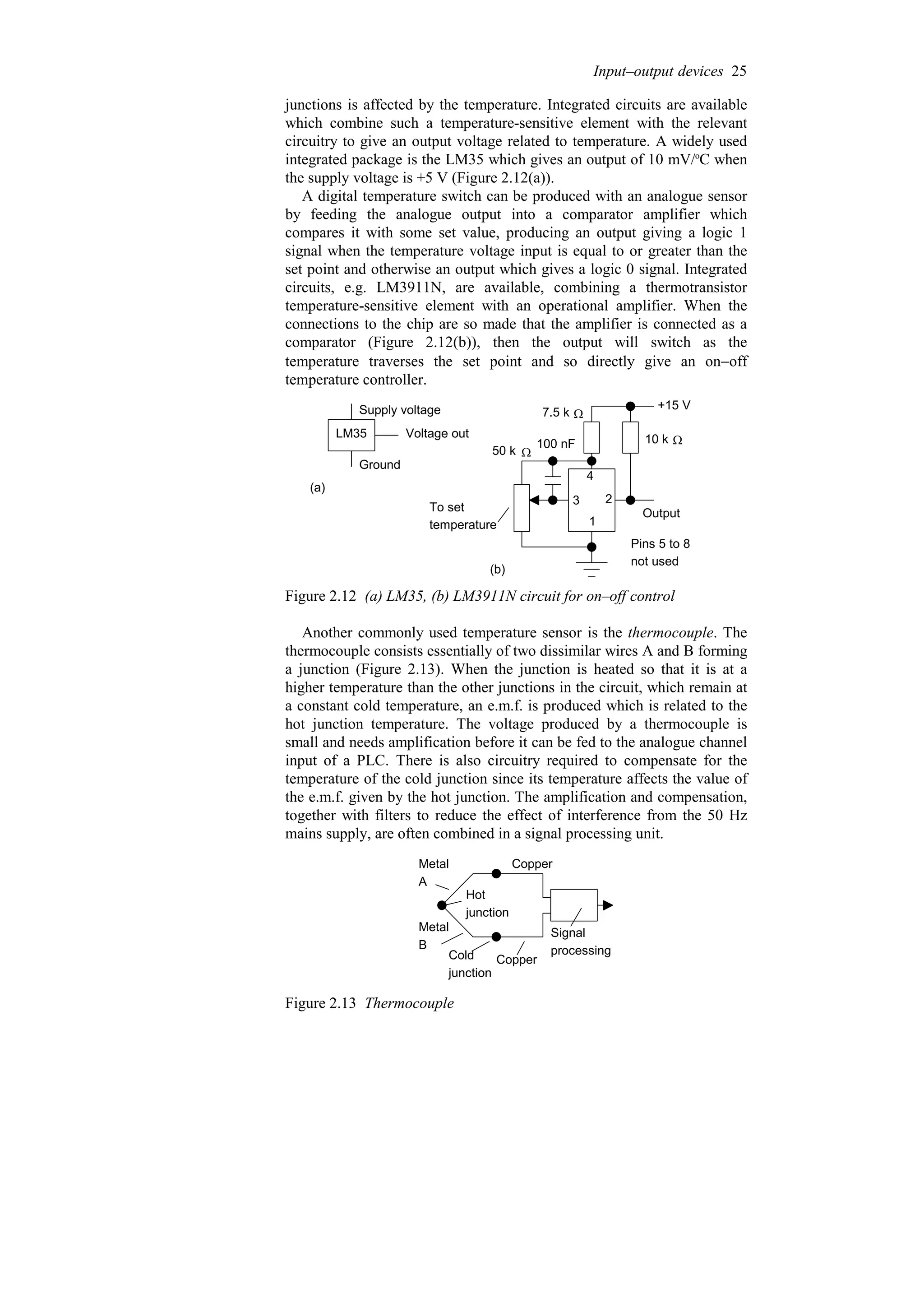 junctions is affected by the temperature. Integrated circuits are available
which combine such a temperature-sensitive element with the relevant
circuitry to give an output voltage related to temperature. A widely used
integrated package is the LM35 which gives an output of 10 mV/o
C when
the supply voltage is +5 V (Figure 2.12(a)).
A digital temperature switch can be produced with an analogue sensor
by feeding the analogue output into a comparator amplifier which
compares it with some set value, producing an output giving a logic 1
signal when the temperature voltage input is equal to or greater than the
set point and otherwise an output which gives a logic 0 signal. Integrated
circuits, e.g. LM3911N, are available, combining a thermotransistor
temperature-sensitive element with an operational amplifier. When the
connections to the chip are so made that the amplifier is connected as a
comparator (Figure 2.12(b)), then the output will switch as the
temperature traverses the set point and so directly give an on−off
temperature controller.
LM35
Supply voltage
Ground
Voltage out
(a)
3
4
2
1
To set
temperature
Output
+15 V
Pins 5 to 8
not used
10 k
50 k
100 nF
7.5 k
✡
✡
✡
(b)
Figure 2.12 (a) LM35, (b) LM3911N circuit for on–off control
Another commonly used temperature sensor is the thermocouple. The
thermocouple consists essentially of two dissimilar wires A and B forming
a junction (Figure 2.13). When the junction is heated so that it is at a
higher temperature than the other junctions in the circuit, which remain at
a constant cold temperature, an e.m.f. is produced which is related to the
hot junction temperature. The voltage produced by a thermocouple is
small and needs amplification before it can be fed to the analogue channel
input of a PLC. There is also circuitry required to compensate for the
temperature of the cold junction since its temperature affects the value of
the e.m.f. given by the hot junction. The amplification and compensation,
together with filters to reduce the effect of interference from the 50 Hz
mains supply, are often combined in a signal processing unit.
Metal
A
Metal
B
Copper
Copper
Signal
processing
Hot
junction
Cold
junction
Figure 2.13 Thermocouple
Input–output devices 25
 