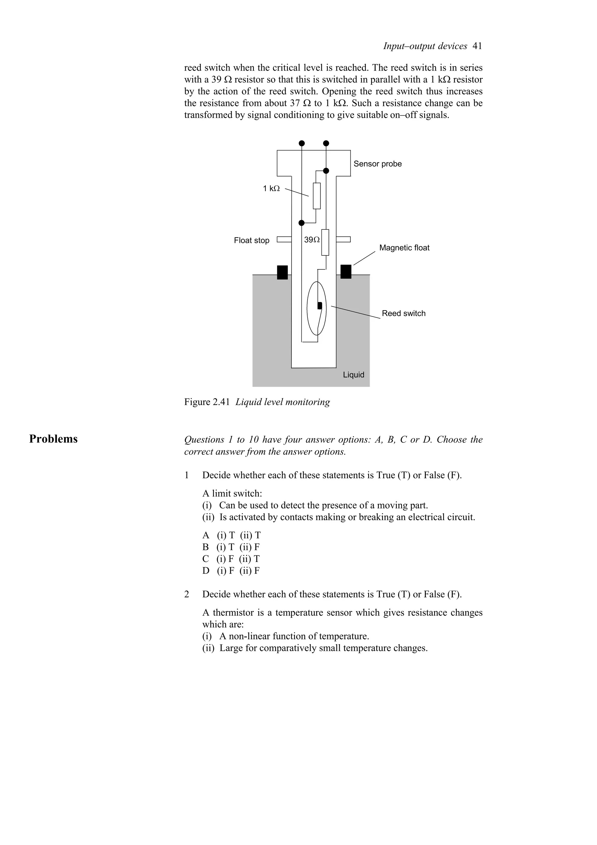 reed switch when the critical level is reached. The reed switch is in series
with a 39 ✡ resistor so that this is switched in parallel with a 1 k✡ resistor
by the action of the reed switch. Opening the reed switch thus increases
the resistance from about 37 ✡ to 1 k✡. Such a resistance change can be
transformed by signal conditioning to give suitable on–off signals.
Magnetic float
Float stop 39
1 k
✡
✡
Reed switch
Liquid
Sensor probe
Figure 2.41 Liquid level monitoring
Problems Questions 1 to 10 have four answer options: A, B, C or D. Choose the
correct answer from the answer options.
1 Decide whether each of these statements is True (T) or False (F).
A limit switch:
(i) Can be used to detect the presence of a moving part.
(ii) Is activated by contacts making or breaking an electrical circuit.
A (i) T (ii) T
B (i) T (ii) F
C (i) F (ii) T
D (i) F (ii) F
2 Decide whether each of these statements is True (T) or False (F).
A thermistor is a temperature sensor which gives resistance changes
which are:
(i) A non-linear function of temperature.
(ii) Large for comparatively small temperature changes.
Input–output devices 41
 