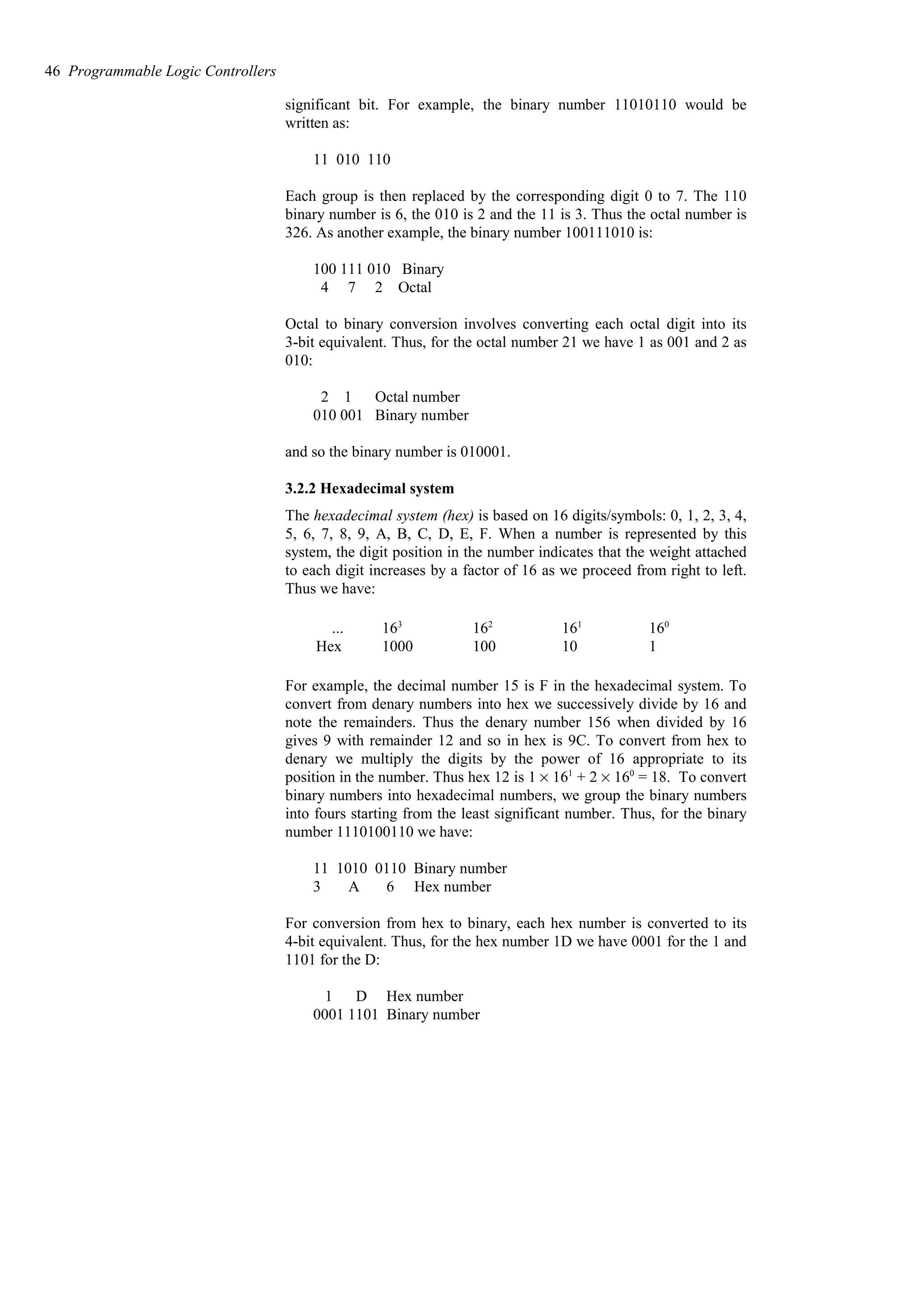 significant bit. For example, the binary number 11010110 would be
written as:
11 010 110
Each group is then replaced by the corresponding digit 0 to 7. The 110
binary number is 6, the 010 is 2 and the 11 is 3. Thus the octal number is
326. As another example, the binary number 100111010 is:
100 111 010 Binary
4 7 2 Octal
Octal to binary conversion involves converting each octal digit into its
3-bit equivalent. Thus, for the octal number 21 we have 1 as 001 and 2 as
010:
2 1 Octal number
010 001 Binary number
and so the binary number is 010001.
3.2.2 Hexadecimal system
The hexadecimal system (hex) is based on 16 digits/symbols: 0, 1, 2, 3, 4,
5, 6, 7, 8, 9, A, B, C, D, E, F. When a number is represented by this
system, the digit position in the number indicates that the weight attached
to each digit increases by a factor of 16 as we proceed from right to left.
Thus we have:
1
10
100
1000
Hex
160
161
162
163
...
For example, the decimal number 15 is F in the hexadecimal system. To
convert from denary numbers into hex we successively divide by 16 and
note the remainders. Thus the denary number 156 when divided by 16
gives 9 with remainder 12 and so in hex is 9C. To convert from hex to
denary we multiply the digits by the power of 16 appropriate to its
position in the number. Thus hex 12 is 1 % 161
+ 2 % 160
= 18. To convert
binary numbers into hexadecimal numbers, we group the binary numbers
into fours starting from the least significant number. Thus, for the binary
number 1110100110 we have:
11 1010 0110 Binary number
3 A 6 Hex number
For conversion from hex to binary, each hex number is converted to its
4-bit equivalent. Thus, for the hex number 1D we have 0001 for the 1 and
1101 for the D:
1 D Hex number
0001 1101 Binary number
46 Programmable Logic Controllers
 