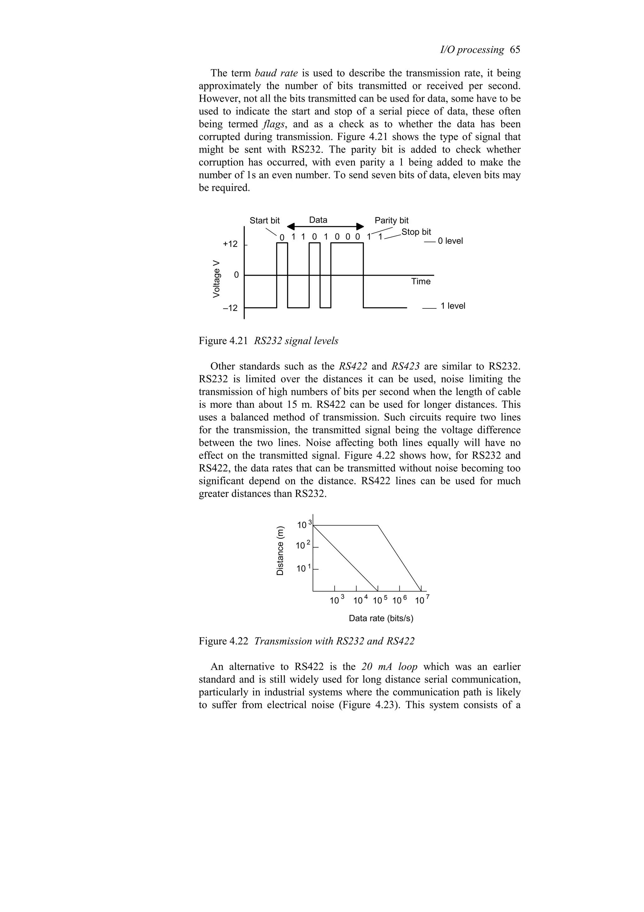 The term baud rate is used to describe the transmission rate, it being
approximately the number of bits transmitted or received per second.
However, not all the bits transmitted can be used for data, some have to be
used to indicate the start and stop of a serial piece of data, these often
being termed flags, and as a check as to whether the data has been
corrupted during transmission. Figure 4.21 shows the type of signal that
might be sent with RS232. The parity bit is added to check whether
corruption has occurred, with even parity a 1 being added to make the
number of 1s an even number. To send seven bits of data, eleven bits may
be required.
Start bit Data
1 1 0 1 0 0 0
0 1
Parity bit
Time
0 level
1 level
Voltage
V
1
Stop bit
+12
0
–12
Figure 4.21 RS232 signal levels
Other standards such as the RS422 and RS423 are similar to RS232.
RS232 is limited over the distances it can be used, noise limiting the
transmission of high numbers of bits per second when the length of cable
is more than about 15 m. RS422 can be used for longer distances. This
uses a balanced method of transmission. Such circuits require two lines
for the transmission, the transmitted signal being the voltage difference
between the two lines. Noise affecting both lines equally will have no
effect on the transmitted signal. Figure 4.22 shows how, for RS232 and
RS422, the data rates that can be transmitted without noise becoming too
significant depend on the distance. RS422 lines can be used for much
greater distances than RS232.
Distance
(m)
Data rate (bits/s)
10
10
10
10 10 10 10 10
3
1
2
3 4 5 6 7
Figure 4.22 Transmission with RS232 and RS422
An alternative to RS422 is the 20 mA loop which was an earlier
standard and is still widely used for long distance serial communication,
particularly in industrial systems where the communication path is likely
to suffer from electrical noise (Figure 4.23). This system consists of a
I/O processing 65
 