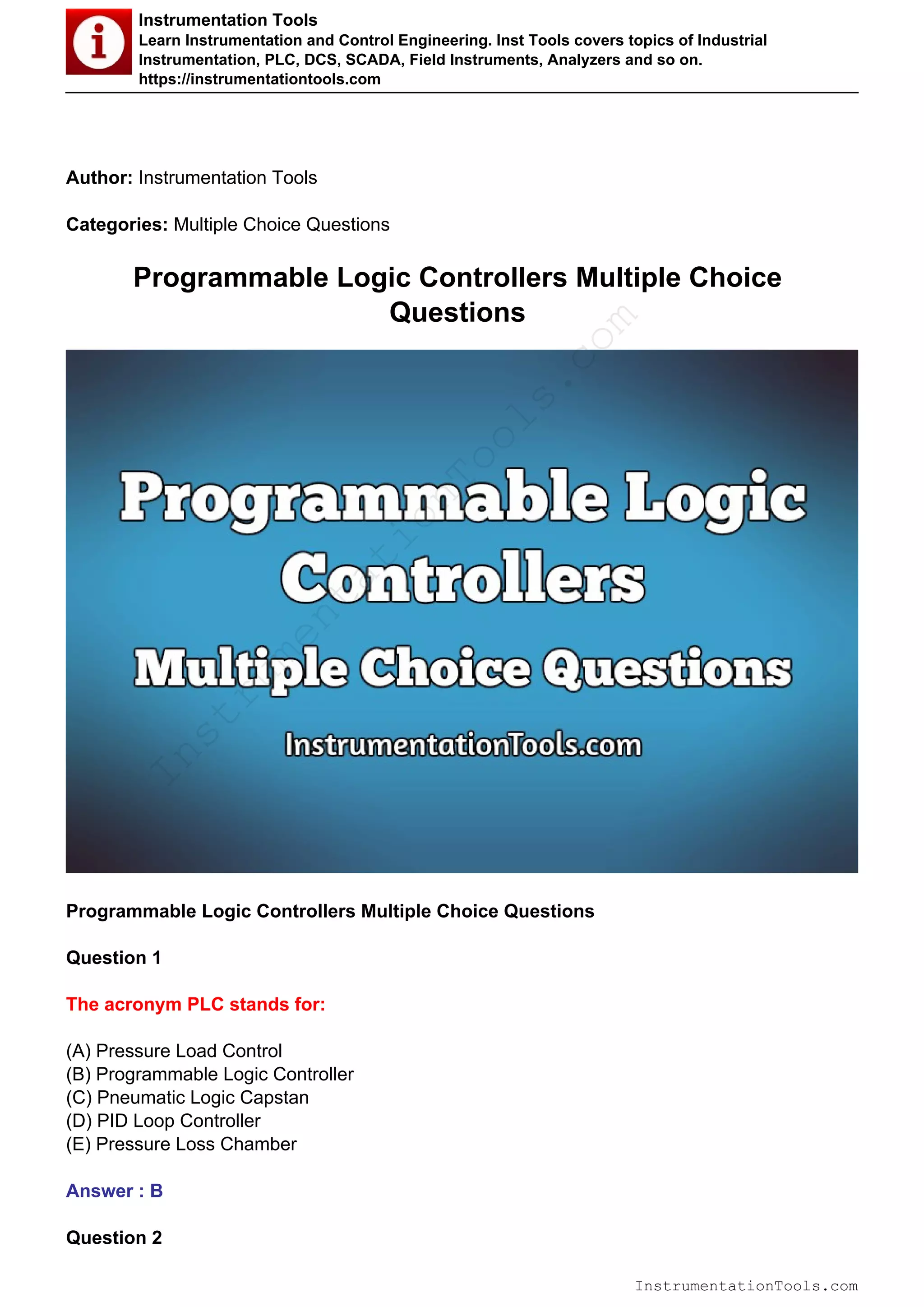 Programmable logic controllers (PLC) Questions PDF