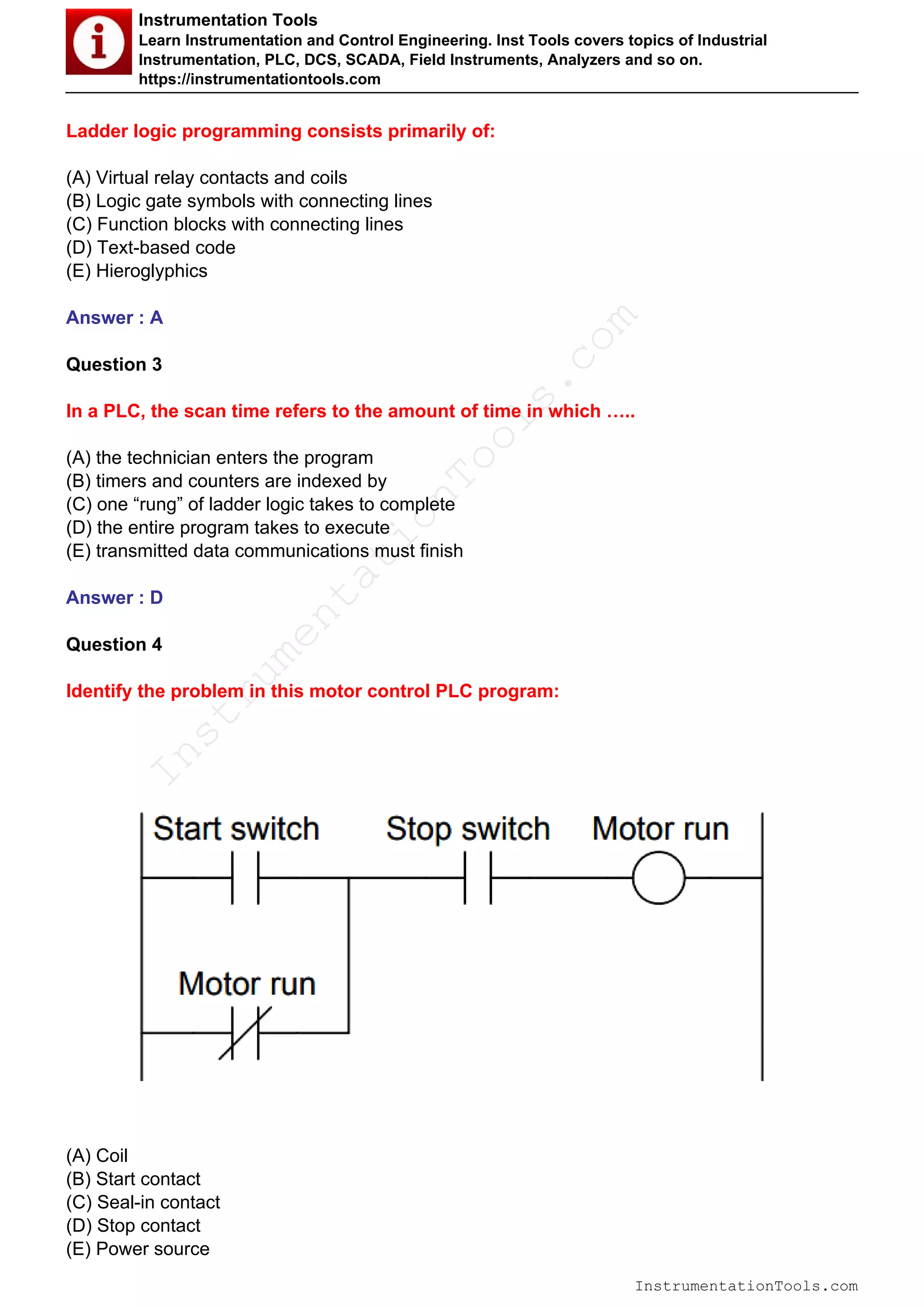 Programmable logic controllers (PLC) Questions PDF