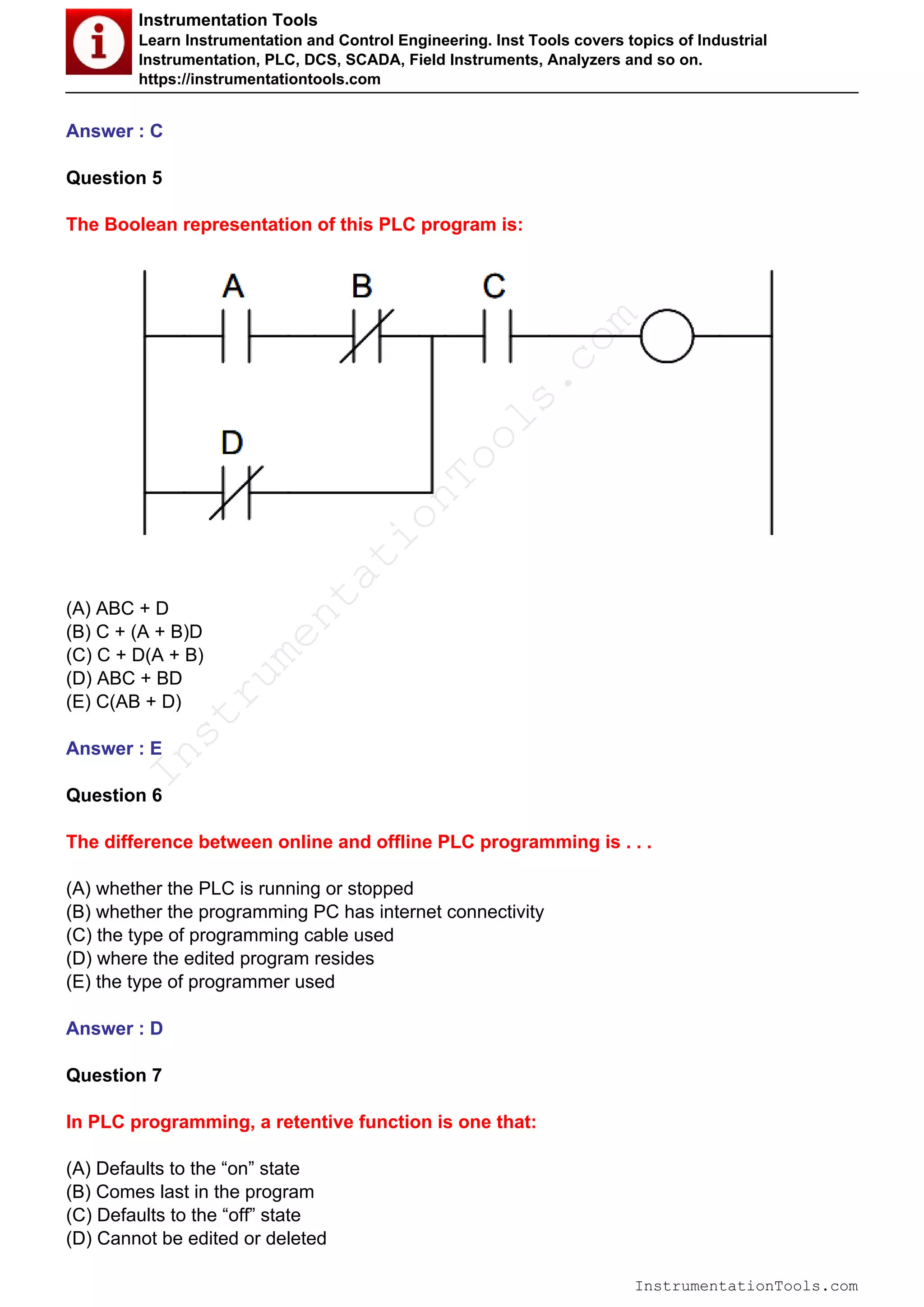 Programmable logic controllers (PLC) Questions PDF