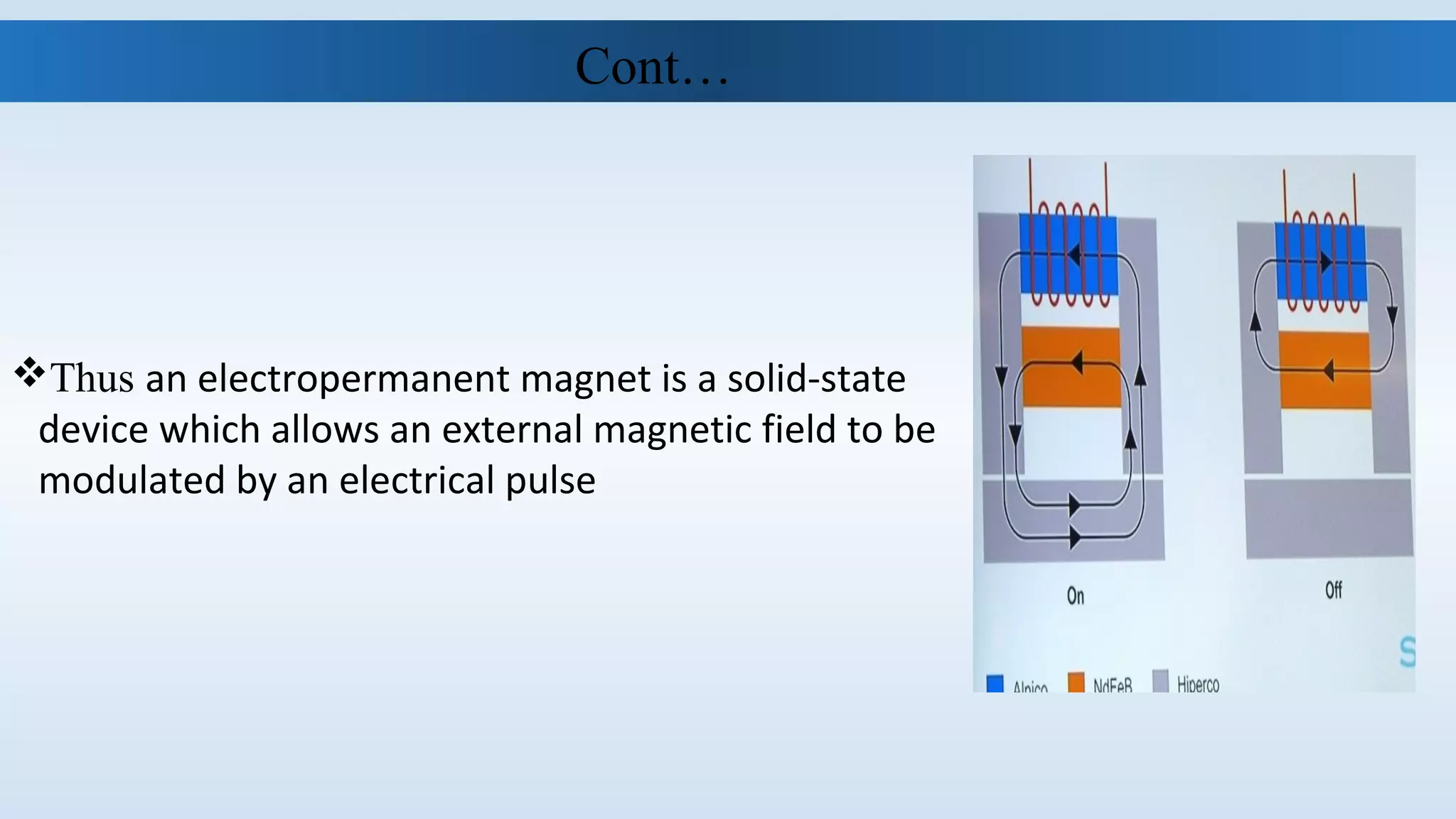 Thus an electropermanent magnet is a solid-state
device which allows an external magnetic field to be
modulated by an electrical pulse
Cont…
 
