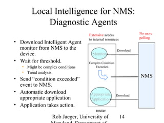Local Intelligence for NMS: 
Extensive access 
to internal resources 
Rob Jaeger, University of 
Maryland, Department of 
14 
Diagnostic Agents 
• Download Intelligent Agent 
monitor from NMS to the 
device. 
• Wait for threshold. 
• Might be complex conditions 
• Trend analysis 
• Send “condition exceeded” 
event to NMS. 
• Automatic download 
appropriate application 
• Application takes action. 
Monitor 
Appropriate 
Application 
Download 
Download 
Complex Condition 
Exceeded 
No more 
polling 
NMS 
router 
 