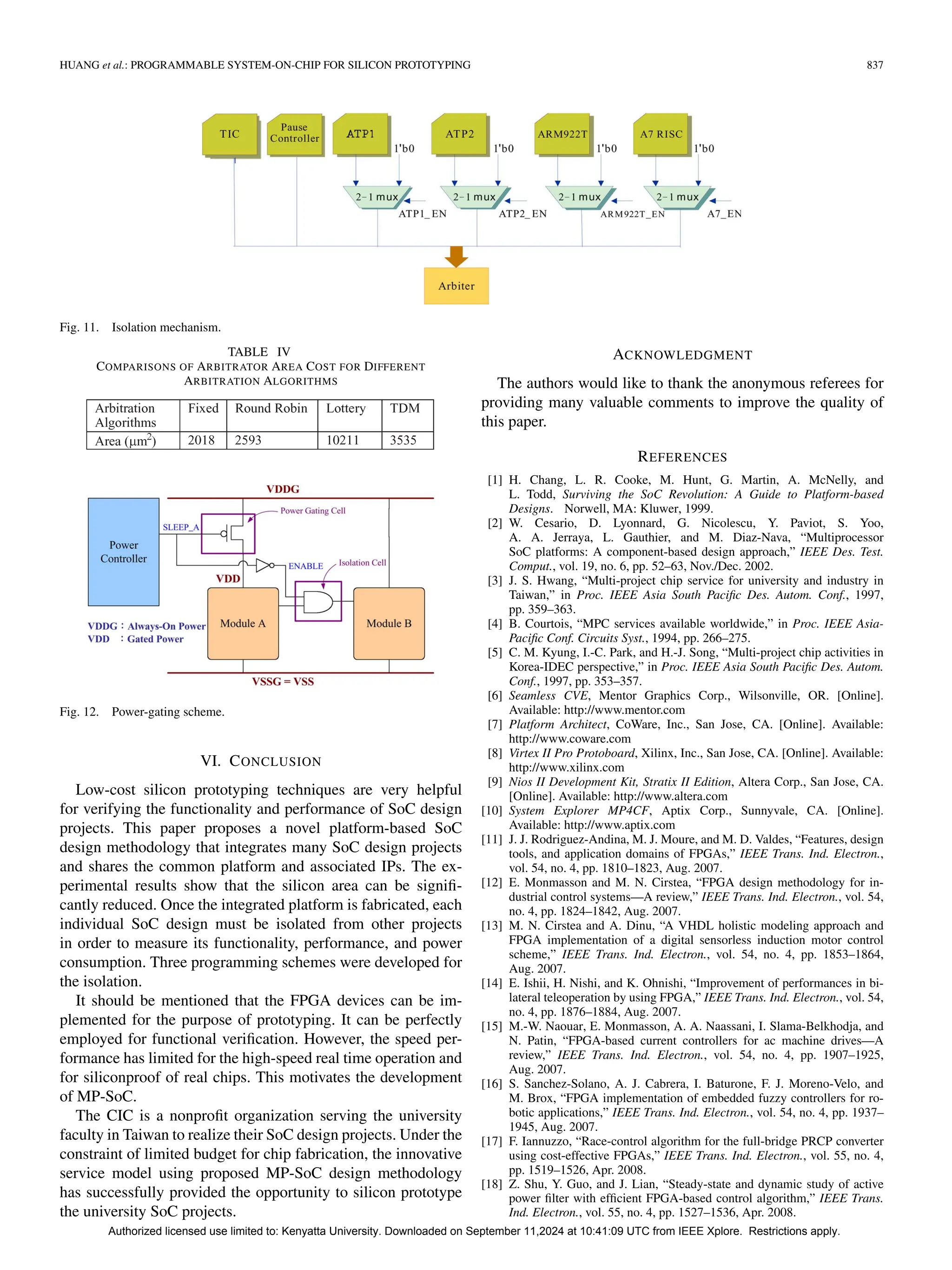 HUANG et al.: PROGRAMMABLE SYSTEM-ON-CHIP FOR SILICON PROTOTYPING 837
Fig. 11. Isolation mechanism.
TABLE IV
COMPARISONS OF ARBITRATOR AREA COST FOR DIFFERENT
ARBITRATION ALGORITHMS
Fig. 12. Power-gating scheme.
VI. CONCLUSION
Low-cost silicon prototyping techniques are very helpful
for verifying the functionality and performance of SoC design
projects. This paper proposes a novel platform-based SoC
design methodology that integrates many SoC design projects
and shares the common platform and associated IPs. The ex-
perimental results show that the silicon area can be signifi-
cantly reduced. Once the integrated platform is fabricated, each
individual SoC design must be isolated from other projects
in order to measure its functionality, performance, and power
consumption. Three programming schemes were developed for
the isolation.
It should be mentioned that the FPGA devices can be im-
plemented for the purpose of prototyping. It can be perfectly
employed for functional verification. However, the speed per-
formance has limited for the high-speed real time operation and
for siliconproof of real chips. This motivates the development
of MP-SoC.
The CIC is a nonprofit organization serving the university
faculty in Taiwan to realize their SoC design projects. Under the
constraint of limited budget for chip fabrication, the innovative
service model using proposed MP-SoC design methodology
has successfully provided the opportunity to silicon prototype
the university SoC projects.
ACKNOWLEDGMENT
The authors would like to thank the anonymous referees for
providing many valuable comments to improve the quality of
this paper.
REFERENCES
[1] H. Chang, L. R. Cooke, M. Hunt, G. Martin, A. McNelly, and
L. Todd, Surviving the SoC Revolution: A Guide to Platform-based
Designs. Norwell, MA: Kluwer, 1999.
[2] W. Cesario, D. Lyonnard, G. Nicolescu, Y. Paviot, S. Yoo,
A. A. Jerraya, L. Gauthier, and M. Diaz-Nava, “Multiprocessor
SoC platforms: A component-based design approach,” IEEE Des. Test.
Comput., vol. 19, no. 6, pp. 52–63, Nov./Dec. 2002.
[3] J. S. Hwang, “Multi-project chip service for university and industry in
Taiwan,” in Proc. IEEE Asia South Pacific Des. Autom. Conf., 1997,
pp. 359–363.
[4] B. Courtois, “MPC services available worldwide,” in Proc. IEEE Asia-
Pacific Conf. Circuits Syst., 1994, pp. 266–275.
[5] C. M. Kyung, I.-C. Park, and H.-J. Song, “Multi-project chip activities in
Korea-IDEC perspective,” in Proc. IEEE Asia South Pacific Des. Autom.
Conf., 1997, pp. 353–357.
[6] Seamless CVE, Mentor Graphics Corp., Wilsonville, OR. [Online].
Available: http://www.mentor.com
[7] Platform Architect, CoWare, Inc., San Jose, CA. [Online]. Available:
http://www.coware.com
[8] Virtex II Pro Protoboard, Xilinx, Inc., San Jose, CA. [Online]. Available:
http://www.xilinx.com
[9] Nios II Development Kit, Stratix II Edition, Altera Corp., San Jose, CA.
[Online]. Available: http://www.altera.com
[10] System Explorer MP4CF, Aptix Corp., Sunnyvale, CA. [Online].
Available: http://www.aptix.com
[11] J. J. Rodriguez-Andina, M. J. Moure, and M. D. Valdes, “Features, design
tools, and application domains of FPGAs,” IEEE Trans. Ind. Electron.,
vol. 54, no. 4, pp. 1810–1823, Aug. 2007.
[12] E. Monmasson and M. N. Cirstea, “FPGA design methodology for in-
dustrial control systems—A review,” IEEE Trans. Ind. Electron., vol. 54,
no. 4, pp. 1824–1842, Aug. 2007.
[13] M. N. Cirstea and A. Dinu, “A VHDL holistic modeling approach and
FPGA implementation of a digital sensorless induction motor control
scheme,” IEEE Trans. Ind. Electron., vol. 54, no. 4, pp. 1853–1864,
Aug. 2007.
[14] E. Ishii, H. Nishi, and K. Ohnishi, “Improvement of performances in bi-
lateral teleoperation by using FPGA,” IEEE Trans. Ind. Electron., vol. 54,
no. 4, pp. 1876–1884, Aug. 2007.
[15] M.-W. Naouar, E. Monmasson, A. A. Naassani, I. Slama-Belkhodja, and
N. Patin, “FPGA-based current controllers for ac machine drives—A
review,” IEEE Trans. Ind. Electron., vol. 54, no. 4, pp. 1907–1925,
Aug. 2007.
[16] S. Sanchez-Solano, A. J. Cabrera, I. Baturone, F. J. Moreno-Velo, and
M. Brox, “FPGA implementation of embedded fuzzy controllers for ro-
botic applications,” IEEE Trans. Ind. Electron., vol. 54, no. 4, pp. 1937–
1945, Aug. 2007.
[17] F. Iannuzzo, “Race-control algorithm for the full-bridge PRCP converter
using cost-effective FPGAs,” IEEE Trans. Ind. Electron., vol. 55, no. 4,
pp. 1519–1526, Apr. 2008.
[18] Z. Shu, Y. Guo, and J. Lian, “Steady-state and dynamic study of active
power filter with efficient FPGA-based control algorithm,” IEEE Trans.
Ind. Electron., vol. 55, no. 4, pp. 1527–1536, Apr. 2008.
Authorized licensed use limited to: Kenyatta University. Downloaded on September 11,2024 at 10:41:09 UTC from IEEE Xplore. Restrictions apply.
 