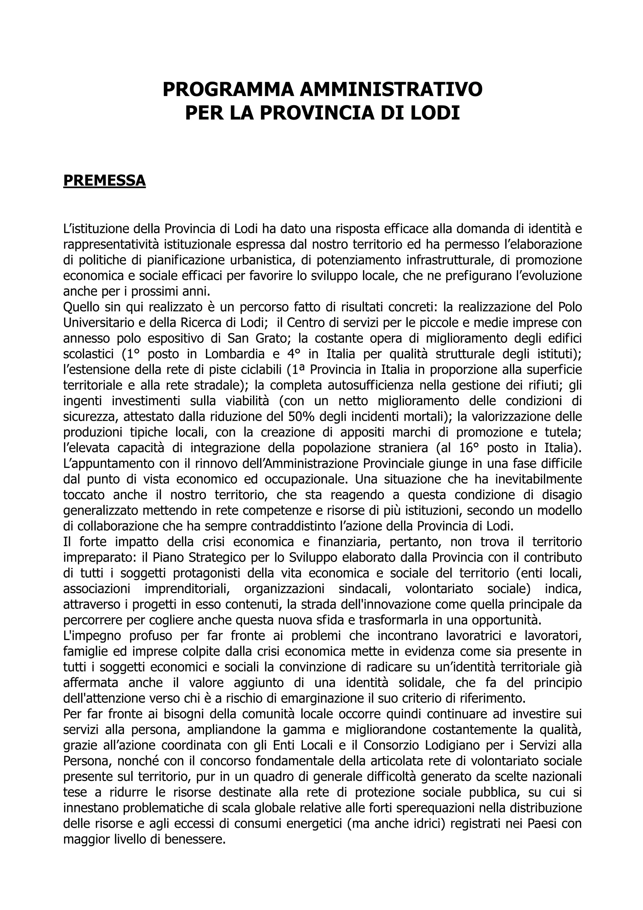 Programma Elettorale Provinciale2009 2014