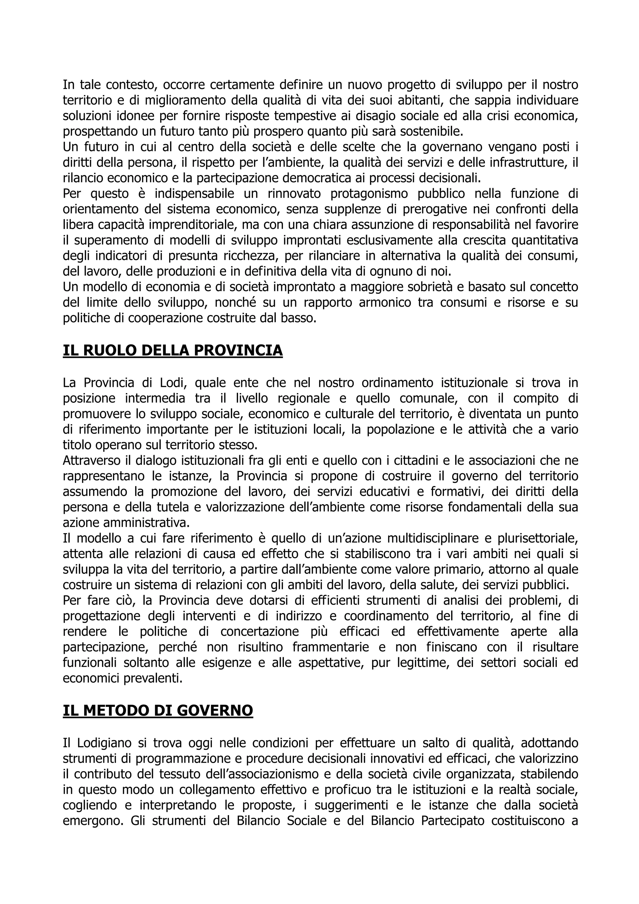 Programma Elettorale Provinciale2009 2014