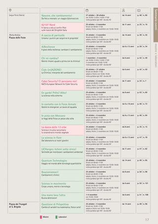 Mostre Laboratori
17
Sommarioeventimostreelaboratori
(segue Porta Siberia) Nascere, che cambiamento!
Da feto a neonato: un viaggio (s)conosciuto
27 ottobre - 28 ottobre
ore 10:00-13:00 e 14:00-17:00
visita guidata ogni 60’- durata 45’
da 14 anni p. 48 | n. 90
82°07’ Nord
In barca a vela ai conﬁni Polo
sulle tracce del Dirigibile Italia
25 ottobre - 4 novembre
feriali ore 09:00-17:00
sabato, festivi, 2 novembre ore 10:00-19:00
da 11 anni p. 35 | n. 16
Porto Antico
Piazza delle Feste
A caccia di particelle
Uniamo i puntini per scoprirne le proprietà!
25 ottobre - 4 novembre
feriali ore 09:00-17:00
sabato, festivi, 2 novembre ore 10:00-19:00
visita guidata ogni 60’- durata 60’
da 14 anni p. 38 | n. 30
AiResilience
Il gioco della resilienza: cambiare il cambiamento
25 ottobre - 4 novembre
feriali ore 09:00-17:00
sabato, festivi, 2 novembre ore 10:00-19:00
visita guidata ogni 60’- durata 50’
da 6 a 13 anni p. 39 | n. 34
Chi mi cambia?
Niente rimane uguale a prima con la chimica!
1 novembre - 4 novembre
ore 10:00-12:00 e 14:00-17:00
2 novembre ore 10:00-12:00
visita guidata ogni 60’- durata 60’
da 6 anni p. 42 | n. 49
Ciak: (re)AZIONE!
La Chimica: interprete del cambiamento
25 ottobre - 31 ottobre
feriali ore 09:00-17:00
sabato e festivi ore 10:00-19:00
visita guidata ogni 60’- durata 45’
da 6 anni p. 42 | n. 50
Cyber Security? Ci pensiamo noi!
NeCS-European Network for Cyber Security
25 ottobre - 4 novembre
feriali ore 09:00-17:00
sabato, festivi, 2 novembre ore 10:00-19:00
visita guidata ogni 60’- durata 60’
da 11 anni p. 33 | n. 7
En garde! Prêts? Allez!
La scienza nella scherma
25 ottobre - 4 novembre
feriali ore 09:00-17:00
sabato, festivi, 2 novembre ore 10:00-19:00
visita guidata ogni 60’- durata 50’
da 8 anni p. 43 | n. 60
In contatto con le Forze Armate
Gestire le emergenze: un lavoro di squadra
25 ottobre - 4 novembre
feriali ore 09:00-17:00
sabato, festivi, 2 novembre ore 10:00-19:00
visita guidata ogni 60’- durata 50’
da 6 a 19 anni p. 46 | n. 73
In pista con Meccano
Le leggi della Fisica un pezzo alla volta
25 ottobre - 4 novembre
feriali ore 09:00-17:00
sabato, festivi, 2 novembre ore 10:00-19:00
visita guidata ogni 60’- durata 60’
da 8 a 13 anni p. 46 | n. 84
La danza delle 13 erbe
Scienza e musica raccontano
lo straordinario mondo vegetale
25 ottobre - 4 novembre
feriali ore 09:00-17:00
sabato, festivi, 2 novembre ore 10:00-19:00
da 8 anni p. 35 | n. 15
La scienza in ﬁore
Dal laboratorio ai nostri giardini
25 ottobre - 4 novembre
feriali ore 09:00-17:00
sabato, festivi, 2 novembre ore 10:00-19:00
visita guidata ogni 60’- durata 50’
da 6 a 13 anni p. 47 | n. 78
LICHanges: licheni sotto stress!
Sentinelle per monitorare i cambiamenti ambientali
25 ottobre - 4 novembre
feriali ore 09:00-17:00
sabato, festivi, 2 novembre ore 10:00-19:00
visita guidata ogni 60’- durata 60’
da 11 anni p. 47 | n. 82
Quantum Technologies
Viaggio nel mondo delle tecnologie quantistiche
25 ottobre - 4 novembre
feriali ore 09:00-17:00
sabato, festivi, 2 novembre ore 10:00-19:00
visita guidata ogni 60’- durata 60’
da 14 anni p. 49 | n. 95
Reazioniamoci!
Cambiamenti chimici
25 ottobre - 4 novembre
feriali ore 09:00-17:00
sabato, festivi, 2 novembre ore 10:00-19:00
visita guidata ogni 60’- durata 45’
da 8 anni p. 50 | n. 98
Scienza in movimento
Corpo umano, mente e tecnologia
25 ottobre - 4 novembre
feriali ore 09:00-17:00
sabato, festivi, 2 novembre ore 10:00-19:00
visita guidata ogni 30’- durata 50’
da 6 anni p. 50 | n. 101
Una mano lava l’altra
Buona detersione!
1-4 novembre
ore 10:00-19:00
visita guidata ogni 60’- durata 45’
da 6 anni p. 51 | n. 108
Piazza dei Truogoli
di S. Brigida
Questione di Prèspettiva
Cambio di variabili tra matematica, ﬁsica e arte!
25 ottobre - 4 novembre
feriali ore 10:00-17:00
sabato e festivi ore 10:00-19:00
visita guidata ogni 60’- durata 60’
da 14 anni p. 49 | n. 96
 