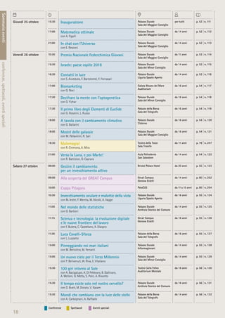 Conferenze Spettacoli Eventi speciali
18
Sommarioeventiconferenze,spettacoli,eventispeciali
Giovedì 25 ottobre 15:30 Inaugurazione Palazzo Ducale
Sala del Maggior Consiglio
per tutti p. 52 |n. 111
17:00 Matematica ottimale
con A. Figalli
Palazzo Ducale
Sala del Maggior Consiglio
da 14 anni p. 52 | n. 112
21:00 In chat con l’Universo
con E. Resconi
Palazzo Ducale
Sala del Maggior Consiglio
da 14 anni p. 52 | n. 113
Venerdì 26 ottobre 10:30 Premio Nazionale Federchimica Giovani Palazzo Ducale
Sala del Maggior Consiglio
da 11 anni p. 53 | n. 114
15:30 Israele: paese ospite 2018 Palazzo Ducale
Sala del Minor Consiglio
da 14 anni p. 53 | n. 115
16:30 Contatti in luce
con S. Avveduto, F. Bartolomei, F. Fornasari
Palazzo Ducale
Liguria Spazio Aperto
da 14 anni p. 53 | n. 116
17:00 Biomarketing
con G. Noci
Galata Museo del Mare
Auditorium
da 16 anni p. 54 | n. 117
17:30 Decifrare la mente con l’optogenetica
con O. Yizhar
Palazzo Ducale
Sala del Minor Consiglio
da 16 anni p. 54 | n. 118
17:30 Il primo libro degli Elementi di Euclide
con G. Rosolini, L. Russo
Palazzo della Borsa
Sala del Telegrafo
da 16 anni p. 54 | n. 119
18:00 A tavola con il cambiamento climatico
con G. Ballarini
Palazzo Ducale
Cisterne
da 16 anni p. 54 | n. 120
18:00 Mostri delle galassie
con M. Pallavicini, R. Sari
Palazzo Ducale
Sala del Maggior Consiglio
da 16 anni p. 54 | n. 121
18:30 Matemagia!
con R. Cremona, A. Mira
Teatro della Tosse
Sala Trionfo
da 11 anni p. 78 | n. 247
21:00 Verso la Luna, e poi Marte!
con R. Battiston, G. Caprara
Aula Polivalente
San Salvatore
da 14 anni p. 54 | n. 122
Sabato 27 ottobre 09:00 Gestire il cambiamento
per un invecchiamento attivo
Bristol Palace Hotel da 20 anni p. 55 | n. 123
09:00 Alla scoperta del GREAT Campus Great Campus
Genova Erzelli
da 14 anni p. 80 | n. 252
10:00 Coppa Pitagora PalaCUS da 11 a 15 anni p. 80 | n. 254
10:30 Invecchiamento oculare e malattie della vista
con M. Iester, F. Mereta, M. Nicolò, A. Vagge
Palazzo Ducale
Liguria Spazio Aperto
da 16 anni p. 55 | n. 124
11:00 Nel mondo delle statistiche
con G. Barbieri
Palazzo Ducale
Archivio Storico del Comune
da 14 anni p. 55 | n. 125
11:15 Scienza e tecnologia: la rivoluzione digitale
e le nuove frontiere del lavoro
con F. Butera, C. Castellano, A. Diaspro
Great Campus
Genova Erzelli
da 16 anni p. 55 | n. 126
11:30 Luca Cavalli-Sforza
con L. Luzzatto
Palazzo della Borsa
Sala del Telegrafo
da 16 anni p. 55 | n. 127
15:00 Pinneggiando nei mari italiani
con M. Bertolino, M. Ferranti
Palazzo Ducale
Informagiovani
da 14 anni p. 55 | n. 128
15:00 Un nuovo cielo per il Terzo Millennio
con P. Benvenuti, W. Riva, E. Vitaliano
Palazzo Ducale
Sala del Minor Consiglio
da 14 anni p. 55 | n. 129
15:30 100 giri intorno al Sole
con A. Bacigalupo, A. Di Febbraro, B. Gallinaro,
A. Melloni, G. Metta, S. Polci, A. Rissotto
Teatro Carlo Felice
Auditorium Montale
da 16 anni p. 56 | n. 130
15:30 Il tempo esiste solo nel nostro cervello?
con D. Bueti, M. Dorato, V. Kasam
Palazzo Ducale
Archivio Storico del Comune
da 16 anni p. 56 | n. 131
15:30 Mondi che cambiano con la luce delle stelle
con A. Carbognani, A. Raffaele
Palazzo della Borsa
Sala del Telegrafo
da 14 anni p. 56 | n. 132
 
