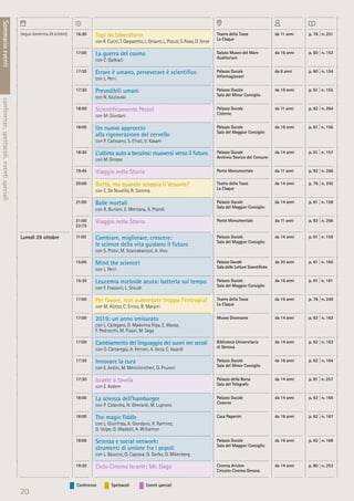 Conferenze Spettacoli Eventi speciali
20
Sommarioeventiconferenze,spettacoli,eventispeciali
(segue domenica 28 ottobre) 16:30 Topi da laboratorio
con R. Cucini, T. Gasparetto, L. Grisanti, L. Pizzuti, S. Rossi, D. Tenze
Teatro della Tosse
La Claque
da 11 anni p. 78 | n. 251
17:00 La guerra del cosmo
con C. Galbiati
Galata Museo del Mare
Auditorium
da 16 anni p. 60 | n. 153
17:30 Errare è umano, perseverare è scientiﬁco
con L. Perri
Palazzo Ducale
Informagiovani
da 8 anni p. 60 | n. 154
17:30 Prevedibili umani
con N. Kozlovski
Palazzo Ducale
Sala del Minor Consiglio
da 16 anni p. 61 | n. 155
18:00 Scientiﬁcamente Pesto!
con M. Giordani
Palazzo Ducale
Cisterne
da 11 anni p. 82 | n. 264
18:00 Un nuovo approccio
alla rigenerazione del cervello
con P. Calissano, S. Efrati, V. Kasam
Palazzo Ducale
Sala del Maggior Consiglio
da 16 anni p. 61 | n. 156
18:30 L’ultima auto a benzina: muoversi verso il futuro
con M. Grosso
Palazzo Ducale
Archivio Storico del Comune
da 14 anni p. 61 | n. 157
19:45 Viaggio nella Storia Ponte Monumentale da 11 anni p. 82 | n. 266
20:00 Dottò, ma quando scoppia il Vesuvio?
con E. De Novellis, R. Somma
Teatro della Tosse
La Claque
da 14 anni p. 76 | n. 242
21:00 Balle mortali
con R. Burioni, E. Mentana, A. Prandi
Palazzo Ducale
Sala del Maggior Consiglio
da 14 anni p. 61 | n. 158
21:00
22:15
Viaggio nella Storia Ponte Monumentale da 11 anni p. 82 | n. 266
Lunedì 29 ottobre 11:00 Cambiare, migliorare, crescere:
le scienze della vita guidano il futuro
con S. Pistoi, M. Scaccabarozzi, A. Vico
Palazzo Ducale
Sala del Maggior Consiglio
da 14 anni p. 61 | n. 159
15:00 Mind the science!
con L. Perri
Palazzo Ducale
Sala delle Letture Scientiﬁche
da 20 anni p. 61 | n. 160
15:30 Leucemia mieloide acuta: batterla sul tempo
con F. Frassoni, L. Shlush
Palazzo Ducale
Sala del Maggior Consiglio
da 16 anni p. 61 | n. 161
17:00 Per favore, non aumentate troppo l’entropia!
con M. Alotto, C. Errico, R. Maraini
Teatro della Tosse
La Claque
da 16 anni p. 78 | n. 249
17:00 2019: un anno smisurato
con L. Callegaro, D. Madonna Ripa, E. Massa,
F. Pedrocchi, M. Pisani, M. Sega
Museo Diocesano da 14 anni p. 62 | n. 162
17:00 Cambiamento del linguaggio dei suoni nei secoli
con O. Cartaregia, A. Ferroni, A. Iscra, C. Isoardi
Biblioteca Universitaria
di Genova
da 14 anni p. 62 | n. 163
17:30 Innovare la cura
con E. Ardini, M. Menichincheri, G. Pruneri
Palazzo Ducale
Sala del Minor Consiglio
da 16 anni p. 62 | n. 164
17:30 Israele a tavola
con E. Kedem
Palazzo della Borsa
Sala del Telegrafo
da 14 anni p. 81 | n. 257
18:00 La scienza dell’hamburger
con P. Calandra, N. Gherardi, M. Luprano
Palazzo Ducale
Cisterne
da 14 anni p. 62 | n. 165
18:00 The magic ﬁddle
con L. Gionfrida, A. Giordano, R. Ramirez,
G. Volpe, G. Waddell, A. Williamon
Casa Paganini da 16 anni p. 62 | n. 167
18:00 Scienza e social network:
strumenti di unione fra i popoli
con L. Bauccio, G. Caprara, G. Darbo, G. Mikenberg
Palazzo Ducale
Sala del Maggior Consiglio
da 16 anni p. 62 | n. 166
19:30 Ciclo Cinema Israele: Mr. Gaga Cinema Ariston
Circuito Cinema Genova
da 14 anni p. 80 | n. 253
 