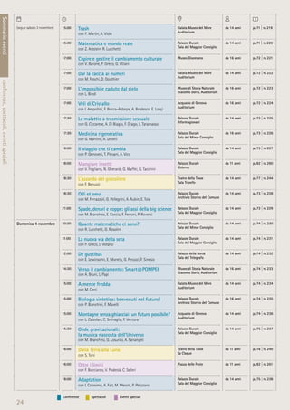 Conferenze Spettacoli Eventi speciali
24
Sommarioeventiconferenze,spettacoli,eventispeciali
(segue sabato 3 novembre) 15:00 Trash
con P. Martin, A. Viola
Galata Museo del Mare
Auditorium
da 14 anni p. 71 | n. 219
15:30 Matematica e mondo reale
con Z. Artstein, R. Lucchetti
Palazzo Ducale
Sala del Maggior Consiglio
da 14 anni p. 71 | n. 220
17:00 Capire e gestire il cambiamento culturale
con V. Barone, P. Greco, G. Villani
Museo Diocesano da 16 anni p. 72 | n. 221
17:00 Dar la caccia ai numeri
con M. Foschi, D. Gouthier
Galata Museo del Mare
Auditorium
da 14 anni p. 72 | n. 222
17:00 L’impossibile caduto dal cielo
con L. Bindi
Museo di Storia Naturale
Giacomo Doria, Auditorium
da 16 anni p. 72 | n. 223
17:00 Veli di Cristallo
con I. Ampollini, F. Bocca-Aldaqre, A. Brodesco, E. Lopçi
Acquario di Genova
Auditorium
da 16 anni p. 72 | n. 224
17:30 Le malattie a trasmissione sessuale
con G. Ciccarese, A. Di Biagio, F. Drago, L. Taramasso
Palazzo Ducale
Informagiovani
da 14 anni p. 73 | n. 225
17:30 Medicina rigenerativa
con G. Martino, A. Uccelli
Palazzo Ducale
Sala del Minor Consiglio
da 16 anni p. 73 | n. 226
18:00 Il viaggio che ti cambia
con P. Genovesi, T. Pievani, A. Vico
Palazzo Ducale
Sala del Maggior Consiglio
da 14 anni p. 73 | n. 227
18:00 Mangiare insetti
con V. Fogliano, N. Gherardi, G. Maffei, G. Tacchini
Palazzo Ducale
Cisterne
da 11 anni p. 82 | n. 260
18:30 L’azzardo del giocoliere
con F. Benuzzi
Teatro della Tosse
Sala Trionfo
da 14 anni p. 77 | n. 244
18:30 Odi et amo
con M. Ferrazzoli, G. Pellegrini, A. Rubin, E. Tola
Palazzo Ducale
Archivio Storico del Comune
da 14 anni p. 73 | n. 228
21:00 Spade, denari e coppe: gli assi della big science
con M. Branchesi, E. Coccia, F. Ferroni, P. Roversi
Palazzo Ducale
Sala del Maggior Consiglio
da 14 anni p. 73 | n. 229
Domenica 4 novembre 10:30 Quante matematiche ci sono?
con R. Lucchetti, G. Rosolini
Palazzo Ducale
Sala del Minor Consiglio
da 14 anni p. 74 | n. 230
11:00 La nuova via della seta
con P. Greco, L. Votano
Palazzo Ducale
Sala del Maggior Consiglio
da 14 anni p. 74 | n. 231
12:00 De gustibus
con E. Lewinsohn, E. Moneta, G. Perozzi, F. Sinesio
Palazzo della Borsa
Sala del Telegrafo
da 14 anni p. 74 | n. 232
14:30 Verso il cambiamento: Smart@POMPEI
con A. Bruni, L. Papi
Museo di Storia Naturale
Giacomo Doria, Auditorium
da 16 anni p. 74 | n. 233
15:00 A mente fredda
con M. Cerri
Galata Museo del Mare
Auditorium
da 14 anni p. 74 | n. 234
15:00 Biologia sintetica: benvenuti nel futuro!
con P. Bianchini, F. Mavelli
Palazzo Ducale
Archivio Storico del Comune
da 16 anni p. 74 | n. 235
15:00 Montagne senza ghiacciai: un futuro possibile?
con L. Calzolari, C. Smiraglia, F. Ventura
Acquario di Genova
Auditorium
da 14 anni p. 74 | n. 236
15:30 Onde gravitazionali:
la musica nascosta dell’Universo
con M. Branchesi, G. Losurdo, A. Parlangeli
Palazzo Ducale
Sala del Maggior Consiglio
da 14 anni p. 75 | n. 237
16:00 Dalla Terra alla Luna
con S. Toni
Teatro della Tosse
La Claque
da 11 anni p. 76 | n. 240
16:00 Oltre i limiti
con F. Bocciardo, V. Podestà, C. Selleri
Piazza delle Feste da 11 anni p. 82 | n. 261
18:00 Adaptation
con I. Colosimo, A. Fait, M. Merola, P. Pelizzaro
Palazzo Ducale
Sala del Maggior Consiglio
da 14 anni p. 75 | n. 238
 