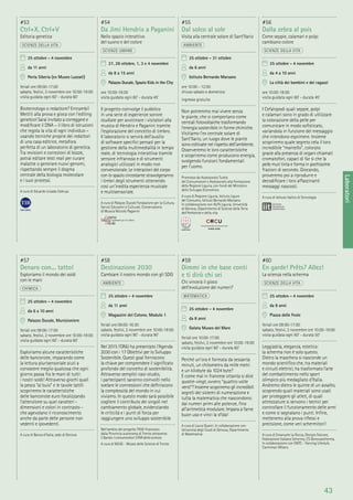 43
Laboratori
#57
Denaro con... tatto!
Esploriamo il mondo dei soldi
con le mani
CHIMICA
25 ottobre - 4 novembre
da 6 a 10 anni
Palazzo Ducale, Munizioniere
feriali ore 09:00-17:00
sabato, festivi, 2 novembre ore 10:00-19:00
visita guidata ogni 60’ - durata 60’
Esploriamo alcune caratteristiche
delle banconote, imparando come
la lettura plurisensoriale aiuti a
conoscere meglio qualcosa che ogni
giorno passa fra le mani di tutti:
i nostri soldi! Attraverso giochi quali
la pesca “al buio” e le tavole tattili
scopriremo le caratteristiche
delle banconote euro focalizzando
l’attenzione su quei caratteri -
dimensioni e colori in contrasto -
che agevolano il riconoscimento
anche da parte delle persone non
vedenti e ipovedenti.
A cura di Banca d’Italia, sede di Genova
#58
Destinazione 2030
Cambiare il nostro mondo con gli SDG
AMBIENTE
25 ottobre - 4 novembre
da 11 anni
Magazzini del Cotone, Modulo 1
feriali ore 09:00-16:30
sabato, festivi, 2 novembre ore 10:00-19:00
visita guidata ogni 90’ - durata 90’
Nel 2015 l’ONU ha presentato l’Agenda
2030 con i 17 Obiettivi per lo Sviluppo
Sostenibile. Questi goal forniscono
la chiave per comprendere il signiﬁcato
profondo del concetto di sostenibilità.
Attraverso semplici casi-studio,
i partecipanti saranno coinvolti nello
svelare le connessioni che deﬁniscono
la complessità del mondo in cui
viviamo. In questo modo sarà possibile
cogliere il contributo dei singoli nel
cambiamento globale, evidenziando
le criticità e i punti di forza per
raggiungere uno sviluppo sostenibile.
Nell’ambito del progetto TASK ﬁnanziato
dalla Provincia autonoma di Trento attraverso
il Bando I comunicatori STAR della scienza
A cura di MUSE - Museo delle Scienze di Trento
#59
Dimmi in che base conti
e ti dirò chi sei
Chi vincerà il gioco
dell’evoluzione dei numeri?
MATEMATICA
25 ottobre - 4 novembre
da 8 anni
Galata Museo del Mare
feriali ore 10:00-17:00
sabato, festivi, 2 novembre ore 10:00-19:00
visita guidata ogni 60’ - durata 60’
Perché un’ora è formata da sessanta
minuti, un chilometro da mille metri
e un kilobyte da 1024 byte?
E come mai in francese ottanta si dice
quatre-vingt, ovvero “quattro volte
venti”? Insieme scopriremo gli incredibili
segreti dei sistemi di numerazione e
tutta la matematica che nascondono:
dai numeri primi alle potenze, ﬁno
all’aritmetica modulare. Impara a farne
buon uso e vinci la sﬁda!
A cura di Laura Quaini. In collaborazione con
Università degli Studi di Genova, Dipartimento
di Matematica
#60
En garde! Prêts? Allez!
La scienza nella scherma
SCIENZE DELLA VITA
25 ottobre - 4 novembre
da 8 anni
Piazza delle Feste
feriali ore 09:00-17:00
sabato, festivi, 2 novembre ore 10:00-19:00
visita guidata ogni 60’ - durata 50’
Leggiadria, eleganza, estetica:
la scherma non è solo questo.
Dietro la maschera si nasconde un
mondo scientiﬁco che, tra materiali
e circuiti elettrici, ha trasformato l’arte
del combattimento nello sport
olimpico più medagliato d’Italia.
Andremo dietro le quinte di un assalto,
scoprendo quali materiali sono usati
per proteggere gli atleti, di quali
attrezzature si servono i tecnici per
controllare il funzionamento delle armi
e come si segnalano i punti. Inﬁne,
metteremo alla prova riﬂessi e
precisione, come veri schermitori!
A cura di Emanuele La Rocca, Giorgio Falcone,
Federazione Italiana Scherma, CS Genovascherma.
In collaborazione con ONTC - Fancing Lifestyle,
Carmimari Milano
#53
Ctrl+X, Ctrl+V
Editoria genetica
SCIENZE DELLA VITA
25 ottobre - 4 novembre
da 11 anni
Porta Siberia (ex Museo Luzzati)
feriali ore 09:00-17:00
sabato, festivi, 2 novembre ore 10:00-19:00
visita guidata ogni 60’ - durata 60’
Biotecnologo o redattore? Entrambi!
Mettiti alla prova e gioca con l’editing
genetico! Sarai invitato a correggere e
modiﬁcare il DNA – il libro di istruzioni
che regola la vita di ogni individuo –
usando tecniche proprie dei redattori
di una casa editrice, metafora
perfetta di un laboratorio di genetica.
Tra revisioni e correzioni di bozze,
potrai editare testi reali per curare
malattie o generare nuovi genomi,
rispettando sempre il dogma
centrale della biologia molecolare
e i suoi processi.
A cura di Eduardo Losada Cabruja
#54
Da Jimi Hendrix a Paganini
Nello spazio interattivo
del suono e del colore
SCIENZE UMANE
27, 28 ottobre, 1, 3 e 4 novembre
da 8 a 15 anni
Palazzo Ducale, Spazio Kids in the City
ore 10:00-19:00
visita guidata ogni 60’ - durata 45’
Il progetto coinvolge il pubblico
in una serie di esperienze sonore
studiate per avvicinare i visitatori alla
musica di Hendrix e Paganini tramite
l’esplorazione del concetto di timbro.
Il laboratorio si servirà dell’ausilio
di software speciﬁci pensati per la
gestione della multimedialità in tempo
reale, di tecnologia interattiva tramite
sensore infrarosso e di strumenti
analogici utilizzati in modo non
convenzionale. Le interazioni del corpo
con lo spazio circostante stravolgeranno
i timbri degli strumenti ottenendo
così un’inedita esperienza musicale
e multisensoriale.
A cura di Palazzo Ducale Fondazione per la Cultura,
Servizi Educativi e Culturali, Conservatorio
di Musica Niccolò Paganini
#55
Dal solco al sole
Visita alla centrale solare di Sant’Ilario
AMBIENTE
25 ottobre - 31 ottobre
da 6 anni
Istituto Bernardo Marsano
ore 10:00 - 12:00
chiuso sabato e domenica
ingresso gratuito
Non potremmo mai vivere senza
le piante, che si comportano come
centrali fotovoltaiche trasformando
l’energia sostenibile in forme chimiche.
Visitiamo l’ex centrale solare di
Sant’Ilario, un luogo dove le piante
sono coltivate nel rispetto dell’ambiente.
Osserveremo le loro caratteristiche
e scopriremo come producono energia,
svolgendo funzioni fondamentali
per l’uomo.
Promosso da Assessorato Tutela
del Consumatore e Assessorato alla Formazione
della Regione Liguria, con fondi del Ministero
dello Sviluppo Economico.
A cura di Regione Liguria, Istituto Ligure
del Consumo, Istituto Bernardo Marsano.
In collaborazione con ALFA Liguria, Università
di Genova, Dipartimento di Scienze della Terra
dell’Ambiente e della vita
#56
Dalla zebra al pois
Come seppie, calamari e polpi
cambiano colore
SCIENZE DELLA VITA
25 ottobre - 4 novembre
da 4 a 10 anni
La città dei bambini e dei ragazzi
ore 10:00-18:00
visita guidata ogni 60’ - durata 45’
I Cefalopodi quali seppie, polpi
e calamari sono in grado di utilizzare
la colorazione della pelle per
comunicare in modo soﬁsticato,
variandola in funzione del messaggio
che intendono esprimere. Insieme
scopriremo quale segreto cela il loro
incredibile “mantello”, colorato
grazie alla presenza di organi chiamati
cromatofori, capaci di far sì che la
pelle muti tinta e forma in pochissime
frazioni di secondo. Giocando,
proveremo poi a riprodurre e
decodiﬁcare i loro affascinanti
messaggi nascosti.
A cura di Istituto Italino di Tecnologia
 