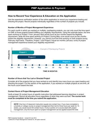 PMP Application & Payment
PMP Credential Handbook – revised 30 July 2013 10
2000-2013 Project Management Institute Inc. All rights reserved.
How to Record Your Experience & Education on the Application
Use the experience verification section of the online application to record your experience leading and
directing the project. Record projects individually regardless of the number of projects you include.
Number of Months of Project Management Experience
For each month in which you worked on multiple, overlapping projects, you can only count the time spent
on ONE of those projects toward fulfilling your eligibility requirements. Using this example below, the time
spent working on Project 1 from January–April would count as four months toward the eligibility
requirement, while the time spent working on Project 2 during May–June would count as two months
toward the eligibility requirement. However, you cannot count the time working on both projects during
February–April twice. Therefore, Project 1 and Project 2 equal six months (January–June) of project
management experience toward your eligibility requirement.
Number of Hours that You Led or Directed Project
Consider all of the projects that you have worked on and identify how many hours you spent leading and
directing the project. For this section of the application, if you worked on multiple projects at one time, all
the hours count toward the total.
Contact Hours of Project Management Education
Verify at least 35 contact hours of specific instruction that addressed learning objectives in project
management. Record all education hours regardless of when they were accrued. The course work
must be completed at the time you submit the application.
NOTE: One hour of classroom instruction equals one contact hour. If you have completed a
university or college course on project management that met for three hours per week for 15
weeks, you would record 45 contact hours. If only a portion of a course dealt with project
management, only the hours spent on project management can be applied toward the total.
 