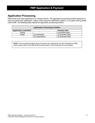 PMP Application & Payment
PMP Credential Handbook – revised 30 July 2013 12
2000-2013 Project Management Institute Inc. All rights reserved.
Application Processing
PMI strives to process applications in a timely manner. The application processing timeline depends on
how you submit your application—either online using the certification system, or on paper sent by postal
mail to PMI. The following table details the application processing timeline.
Application Processing Timeline
Application submitted: Process time:
Online 5 business days
Paper by individuals 10 business days
by corporations 20 business days
NOTE: This processing timeline does not apply if your application has been selected for PMI’s
audit process (refer to the PMI Audit Process section in this handbook for more details).
 