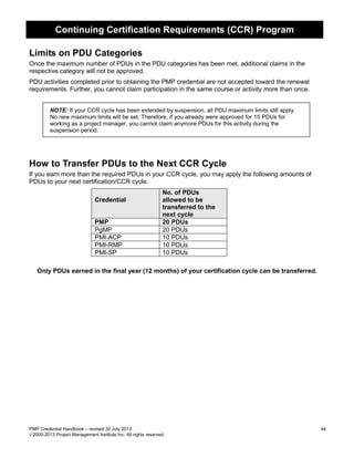 Continuing Certification Requirements (CCR) Program
PMP Credential Handbook – revised 30 July 2013 44
2000-2013 Project Management Institute Inc. All rights reserved.
Limits on PDU Categories
Once the maximum number of PDUs in the PDU categories has been met, additional claims in the
respective category will not be approved.
PDU activities completed prior to obtaining the PMP credential are not accepted toward the renewal
requirements. Further, you cannot claim participation in the same course or activity more than once.
NOTE: If your CCR cycle has been extended by suspension, all PDU maximum limits still apply.
No new maximum limits will be set. Therefore, if you already were approved for 15 PDUs for
working as a project manager, you cannot claim anymore PDUs for this activity during the
suspension period.
How to Transfer PDUs to the Next CCR Cycle
If you earn more than the required PDUs in your CCR cycle, you may apply the following amounts of
PDUs to your next certification/CCR cycle.
Credential
No. of PDUs
allowed to be
transferred to the
next cycle
PMP 20 PDUs
PgMP 20 PDUs
PMI-ACP 10 PDUs
PMI-RMP 10 PDUs
PMI-SP 10 PDUs
Only PDUs earned in the final year (12 months) of your certification cycle can be transferred.
 