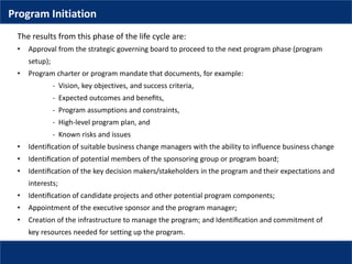 • Approval from the strategic governing board to proceed to the next program phase (program
setup);
• Program charter or program mandate that documents, for example:
- Vision, key objectives, and success criteria,
- Expected outcomes and beneﬁts,
- Program assumptions and constraints,
- High-level program plan, and
- Known risks and issues
• Identiﬁcation of suitable business change managers with the ability to inﬂuence business change
• Identiﬁcation of potential members of the sponsoring group or program board;
• Identiﬁcation of the key decision makers/stakeholders in the program and their expectations and
interests;
• Identiﬁcation of candidate projects and other potential program components;
• Appointment of the executive sponsor and the program manager;
• Creation of the infrastructure to manage the program; and Identiﬁcation and commitment of
key resources needed for setting up the program.
The results from this phase of the life cycle are:
Program Initiation
 