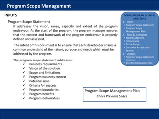 DEFINE PROGRAM GOALS &
OBJECTIVES
1. Inputs
• Program Scope Statement
• Program Scope
Management Plan
2. Tools & Techniques
• Expert judgment
• Interviewing
• Focus Group
• Customer Acceptance
Review
3. Outputs
• Program Scope Statement
Updated
• Benefits Realization Plan
Program Scope Management
INPUTS
Program Scope Statement
It addresses the vision, range, capacity, and extent of the program
endeavour. At the start of the program, the program manager ensures
that the context and framework of the program endeavour is properly
deﬁned and assessed.
The intent of this document is to ensure that each stakeholder shares a
common understand of the nature, purpose and needs which must be
addressed by the program.
The program scope statement addresses:
 Business requirements
 Vision of the solution
 Scope and limitations
 Program business context
 Potential risks
 Criteria for success
 Program boundaries
 Program beneﬁts
 Program deliverables
Program Scope Management Plan
Check Previous Slides
 
