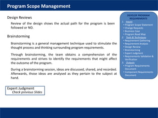 DEVELOP PROGRAM
REQUIREMENTS
1. Inputs
• Program Scope Statement
• Change Requests
• Business Case
• Program Road Map
2. Tools & Techniques
• Requirement Gathering
• Requirement Analysis
• Design Review
• Brainstorming
• Expert Judgment
• Requirements Validation &
Verification
3. Outputs
• Program Requirements
Document
• Component Requirements
Document
Program Scope Management
Design Reviews
Review of the design shows the actual path for the program is been
followed or NO.
Brainstorming
Brainstorming is a general management technique used to stimulate the
thought process and thinking surrounding program requirements.
Through brainstorming, the team obtains a comprehension of the
requirements and strives to identify the requirements that might affect
the outcome of the program.
During a brainstorming session, ideas are discussed, shared, and recorded.
Afterwards, those ideas are analysed as they pertain to the subject at
hand.
Expert Judgment
Check previous Slides
 