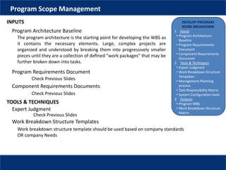 DEVELOP PROGRAM
WORK BREAKDOWN
1. Inputs
• Program Architecture
Baseline
• Program Requirements
Document
• Component Requirements
Document
2. Tools & Techniques
• Expert Judgment
• Work Breakdown Structure
Templates
• Management Planning
process
• Task Responsibility Matrix
• System Configuration tools
3. Outputs
• Program WBS
• Work Breakdown Structure
Matrix
Program Scope Management
INPUTS
Program Architecture Baseline
The program architecture is the starting point for developing the WBS as
it contains the necessary elements. Large, complex projects are
organized and understood by breaking them into progressively smaller
pieces until they are a collection of deﬁned “work packages” that may be
further broken down into tasks.
Program Requirements Document
Check Previous Slides
Component Requirements Documents
Check Previous Slides
TOOLS & TECHNIQUES
Expert Judgment
Check Previous Slides
Work Breakdown Structure Templates
Work breakdown structure template should be used based on company standards
OR company Needs
 