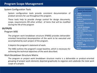 DEVELOP PROGRAM
WORK BREAKDOWN
1. Inputs
• Program Architecture
Baseline
• Program Requirements
Document
• Component Requirements
Document
2. Tools & Techniques
• Expert Judgment
• Work Breakdown Structure
Templates
• Management Planning
process
• Task Responsibility Matrix
• System Configuration tools
3. Outputs
• Program WBS
• Work Breakdown Structure
Matrix
Program Scope Management
System Conﬁguration Tools
System conﬁguration tools provide consistent documentation of
product versions for use throughout the program.
These tools help to provide change control for design documents,
scope, requirements OR other artifact of items that will be modiﬁed
during the life of the program
OUTPUTS
Program WBS
The program work breakdown structure (PWBS) provides deliverable-
oriented hierarchical decomposition of the work to be executed and
accomplished by each project of the program.
It depicts the program’s statement of work.
The WBS outlines the program’s scope baseline, which is necessary for
achieving the technical objectives of the work described.
Work Breakdown Structure Matrix
The program or project work breakdown structure matrix is a deliverable or product-oriented
grouping of project work elements depicted graphically to organize and subdivide the total work
scope of a project.
 