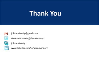Thank You
julenmohanty@gmail.com
www.twitter.com/julenmohanty
julenmohanty
www.linkedin.com/in/julenmohanty
 