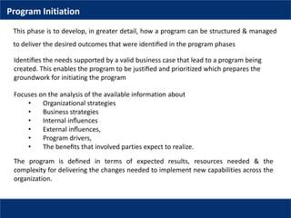 Program Initiation
This phase is to develop, in greater detail, how a program can be structured & managed
to deliver the d...