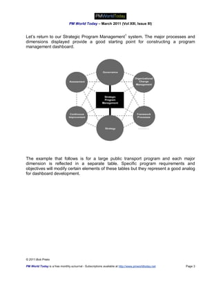 PM World Today – March 2011 (Vol XIII, Issue III)


Let’s return to our Strategic Program Management1 system. The major processes and
dimensions displayed provide a good starting point for constructing a program
management dashboard.




The example that follows is for a large public transport program and each major
dimension is reflected in a separate table. Specific program requirements and
objectives will modify certain elements of these tables but they represent a good analog
for dashboard development.




© 2011 Bob Prieto

PM World Today is a free monthly eJournal - Subscriptions available at http://www.pmworldtoday.net   Page 3
 