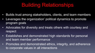 Building Relationships
•  Builds trust among stakeholders, clients, and team members
•  Leverages the organization’ political dynamics to promote
   program goals
•  Advocates for diversity and treats others with courtesy and
   respect
•  Establishes and demonstrated high standards for personal
   and team member performance
•  Promotes and demonstrated ethics, integrity, and adherence
   to corporate values in all interactions
 