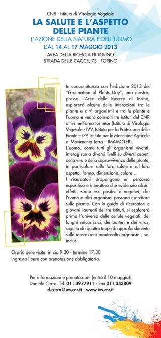 LA SALUTE E L’ASPETTO
DELLE PIANTE
CNR - Istituto di Virologia Vegetale
In concomitanza con l’edizione 2013 del
“Fascination of Plants Day”, una mostra,
presso l’Area della Ricerca di Torino,
esplorerà alcune delle interazioni tra le
piante e altri organismi e tra le piante e
l’uomo e vedrà coinvolti tre istituti del CNR
attivi nell’area torinese (Istituto di Virologia
Vegetale - IVV, Istituto per la Protezione delle
Piante – IPP, Istituto per le Macchine Agricole
e Movimento Terra – IMAMOTER).
L’uomo, come tutti gli organismi viventi,
interagisce a diversi livelli su diversi aspetti
della vita e della sopravvivenza delle piante,
in particolare sulla loro salute e sul loro
aspetto, forma, dimensione, colore…
I ricercatori propongono un percorso
espositivo e interattivo che evidenzia alcuni
effetti, siano essi positivi o negativi, che
l’uomo e altri organismi possono esercitare
sulle piante. Con la guida di ricercatori e
giovani laureati dei tre istituti, si esplorerà
prima l’universo delle cellule vegetali, dei
funghi micorrizici, dei batteri e dei virus,
seguita da quattro tappe di approfondimento
sulle interazioni pianta-altri organismi, noi
inclusi.
Orario delle visite: inizio 9.30 - termine 17.30
Ingresso libero con prenotazione obbligatoria.
Per informazioni e prenotazioni (entro il 10 maggio):
Daniela Cerro, Tel. 011 3977911 - Fax 011 343809
d.cerro@ivv.cnr.it - www.ivv.cnr.it
L’AZIONE DELLA NATURA E DELL’UOMO
DAL 14 AL 17 MAGGIO 2013
AREA DELLA RICERCA DI TORINO
STRADA DELLE CACCE, 73 - TORINO
 