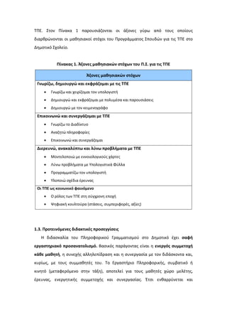 ΤΠΕ. Στον Πίνακα 1 παρουσιάζονται οι άξονες γύρω από τους οποίους
διαρθρώνονται οι μαθησιακοί στόχοι του Προγράμματος Σπουδών για τις ΤΠΕ στο
Δημοτικό Σχολείο.
Πίνακας 1. Άξονες μαθησιακών στόχων του Π.Σ. για τις ΤΠΕ
Άξονες μαθησιακών στόχων
Γνωρίζω, δημιουργώ και εκφράζομαι με τις ΤΠΕ
• Γνωρίζω και χειρίζομαι τον υπολογιστή
• Δημιουργώ και εκφράζομαι με πολυμέσα και παρουσιάσεις
• Δημιουργώ με τον κειμενογράφο
Επικοινωνώ και συνεργάζομαι με ΤΠΕ
• Γνωρίζω το Διαδίκτυο
• Αναζητώ πληροφορίες
• Επικοινωνώ και συνεργάζομαι
Διερευνώ, ανακαλύπτω και λύνω προβλήματα με ΤΠΕ
• Μοντελοποιώ με εννοιολογικούς χάρτες
• Λύνω προβλήματα με Υπολογιστικά Φύλλα
• Προγραμματίζω τον υπολογιστή
• Υλοποιώ σχέδια έρευνας
Οι ΤΠΕ ως κοινωνικό φαινόμενο
• Ο ρόλος των ΤΠΕ στη σύγχρονη εποχή
• Ψηφιακή κουλτούρα (στάσεις, συμπεριφορές, αξίες)
1.3. Προτεινόμενες διδακτικές προσεγγίσεις
Η διδασκαλία του Πληροφορικού Γραμματισμού στο Δημοτικό έχει σαφή
εργαστηριακό προσανατολισμό. Βασικός παράγοντας είναι η ενεργός συμμετοχή
κάθε μαθητή, η συνεχής αλληλεπίδραση και η συνεργασία με τον διδάσκοντα και,
κυρίως, με τους συμμαθητές του. Το Εργαστήριο Πληροφορικής, συμβατικό ή
κινητό (μεταφερόμενο στην τάξη), αποτελεί για τους μαθητές χώρο μελέτης,
έρευνας, ενεργητικής συμμετοχής και συνεργασίας. Έτσι ενθαρρύνεται και
 