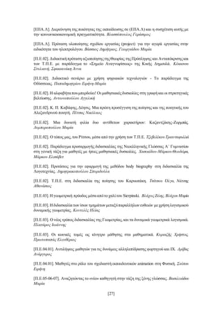 [27]
[ΕΠΑ.Λ]. Διερεύνηση της ποιότητας της εκπαίδευσης σε (ΕΠΑ.Λ) και η συσχέτιση αυτής με
την κοινωνικοοικονομική πραγματικότητα. Βλασσόπουλος Γεράσιμος
[ΕΠΑ.Λ]. Πρόταση υλοποίησης σχεδίου εργασίας (project) για την αγορά εργασίας στην
ειδικότητα του ηλεκτρολόγου. Βάσσιος Δημήτριος, Γεωργιάδου Μαρία
[Π.Ε.02].Διδακτικήπρόταση αξιοποίησηςτηςΘεωρίας τηςΠρόσληψης και Ανταπόκρισηςκαι
των Τ.Π.Ε. με παράδειγμα το «Σημείο Αναγνωρίσεως» της Κικής Δημουλά. Κόκκινου
Στυλιανή, Σφακιανάκη Άννα
[Π.Ε.02]. Διδακτικό σενάριο με χρήση ψηφιακών τεχνολογιών - Το παράδειγμα της
Οδύσσειας. Παπαδημητρίου Ειρήνη-Μαρία
[Π.Ε.02].Η αλφαβήταπουμπερδεύει! Οι μαθησιακέςδυσκολίες στη γραφήκαι οι στρατηγικές
βελτίωσης. Αντωνοπούλου Αγγελική
[Π.Ε.02]. Κ. Π. Καβάφης,Δέησις. Μια πρώτη προσέγγιση της ποίησης και της ποιητικής του
Αλεξανδρινού ποιητή. Πέτσας Νικόλαος
[Π.Ε.02]. Μια δυνατή φιλία δυο αντίθετων χαρακτήρων: Καζαντζάκης-Ζορμπάς.
Λυμπεροπούλου Μαρία
[Π.Ε.02]. Ο τόπος μας,του Ρίτσου, μέσα από την χρήση των Τ.Π.Ε. ΤζεβελέκουΤριανταφυλλιά
[Π.Ε.02]. Παράδειγμα προσαρμογής διδασκαλίας της Νεοελληνικής Γλώσσας Α΄ Γυμνασίου
στη γενική τάξη για μαθητές με ήπιες μαθησιακές δυσκολίες. Χασεκίδου-ΜάρκουΘεοδώρα,
Μάρκου Ελισάβετ
[Π.Ε.02]. Προτάσεις για την εφαρμογή της μεθόδου body biography στη διδασκαλία της
Λογοτεχνίας. Δημητρακοπούλου Σπυριδούλα
[Π.Ε.02]. Τ.Π.Ε. στη διδασκαλία της ποίησης του Καρυωτάκη. Τσίτσου Όλγα, Νάτσης
Αθανάσιος
[Π.Ε.03].Ηγεωμετρική πρόοδος μέσααπότο χαλίτου Sierpinski. ΒλάχοςΖώης,ΒλάχουΜαρία
[Π.Ε.03].Ηδιδασκαλίατων ίσων τμημάτωνμεταξύπαραλλήλωνευθειών με χρήσηλογισμικού
δυναμικής γεωμετρίας. Κοντελές Ηλίας
[Π.Ε.03]. Ο νέος τρόπος διδασκαλίας της Γεωμετρίας,και τα δυναμικά γεωμετρικά λογισμικά.
Πλατάρος Ιωάννης
[Π.Ε.03]. Οι κωνικές τομές ως κίνητρο μάθησης στα μαθηματικά. Κυριαζής Χρήστος,
Πρωτοπαπάς Ελευθέριος
[Π.Ε.04.01]. Αντιλήψεις μαθητών για τις δυνάμεις αλληλεπίδρασης φορτηγού και ΙΧ. Δρίβας
Ανάργυρος
[Π.Ε.04.01]. Μαθητές στο ρόλο του σχεδιαστή εκπαιδευτικών animation στη Φυσική. Σιώτου
Ειρήνη
[Π.Ε.05-06-07]. Αναζητώντας το «νέο» καθηγητή στην τάξη της ξένης γλώσσας. Βασιλειάδου
Μαρία
 